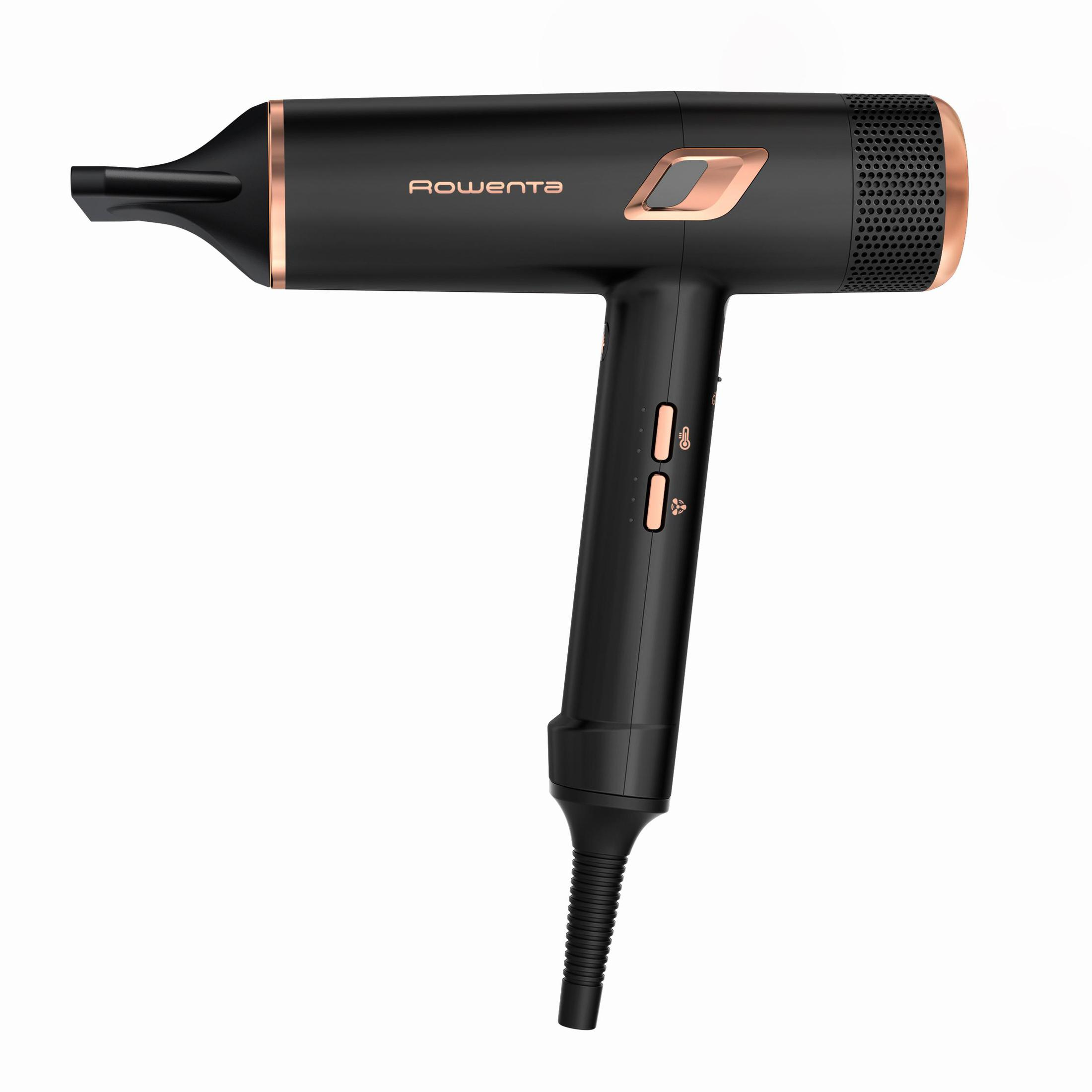 Zwarte en bronzen Rowenta haardroger op witte achtergrond.