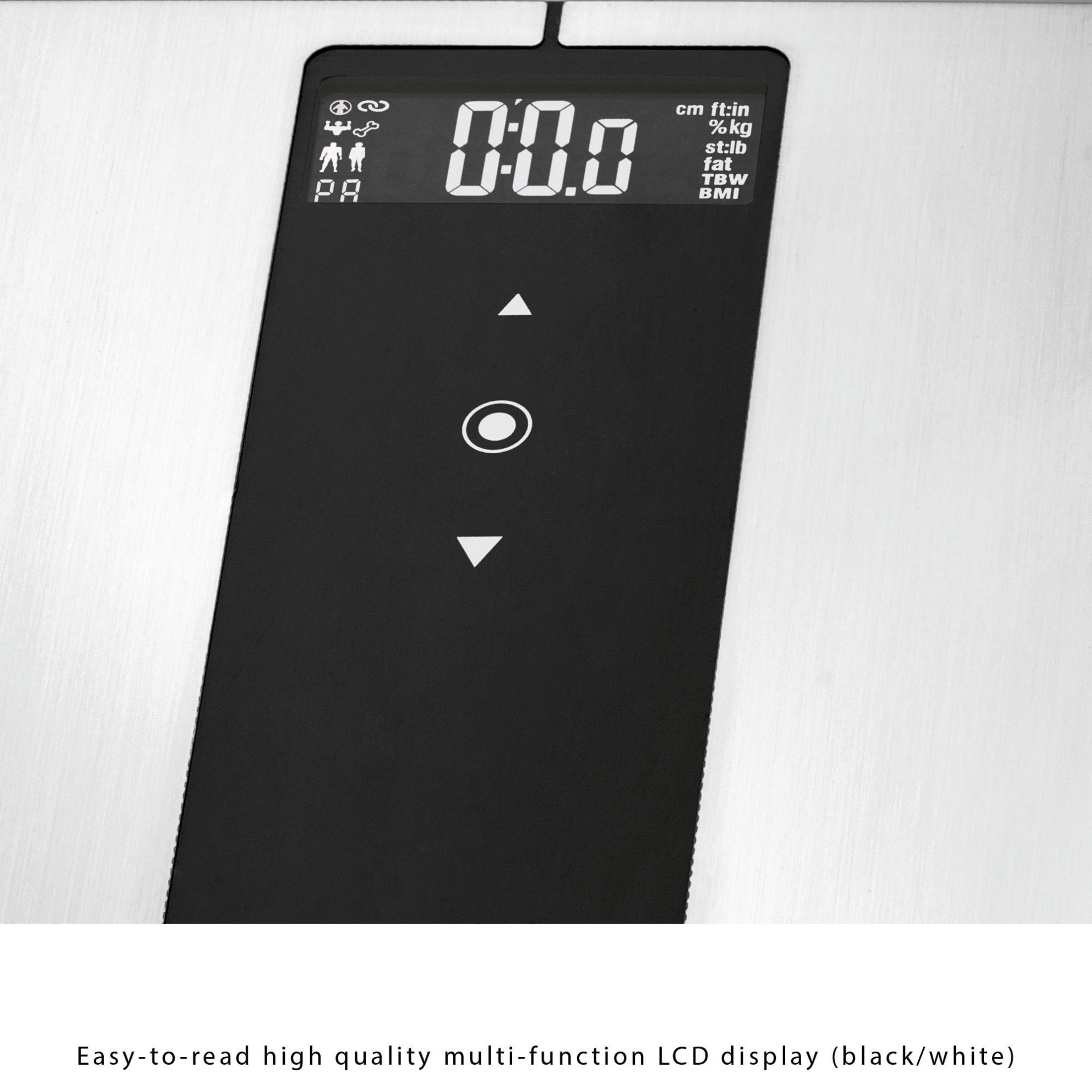 Czarno-biały wyświetlacz wagi. Pokazuje 0:0.0, z przyciskami i ikonami.