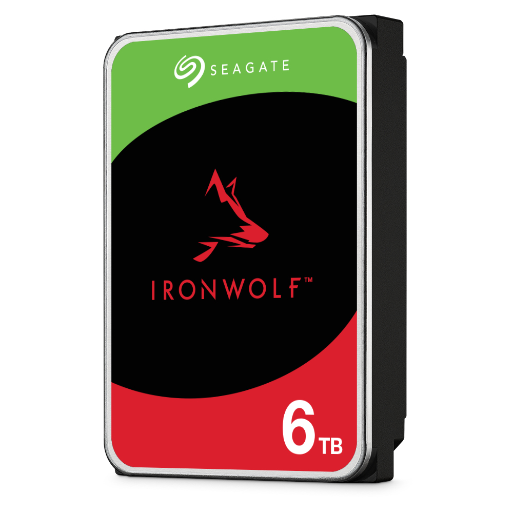 Dysk twardy Seagate IronWolf 6TB. Widok z boku, zielone i czerwone sekcje, logo IronWolf, 6TB.