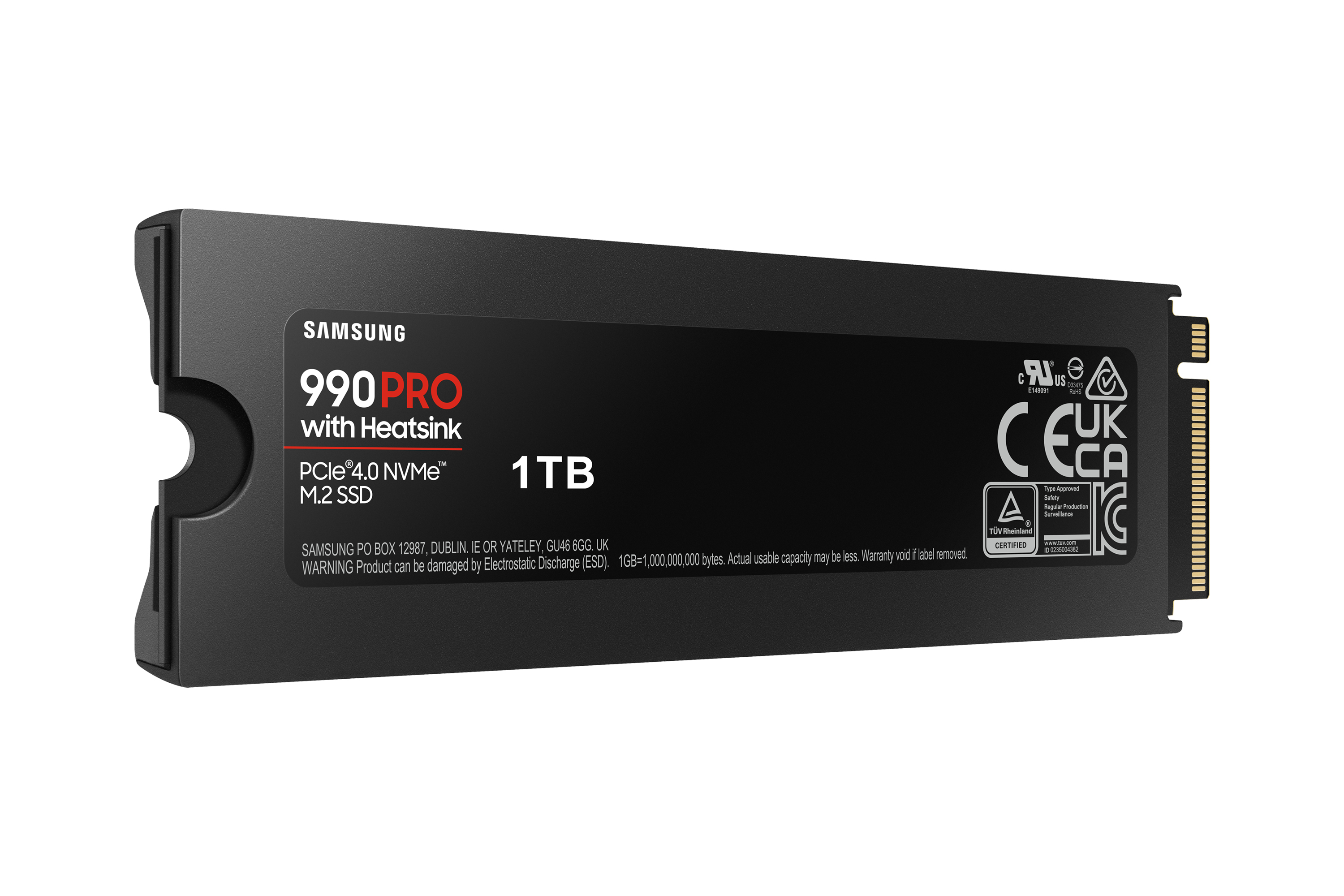 Czarny dysk SSD Samsung 990 Pro 1TB z radiatorem i białym tekstem.