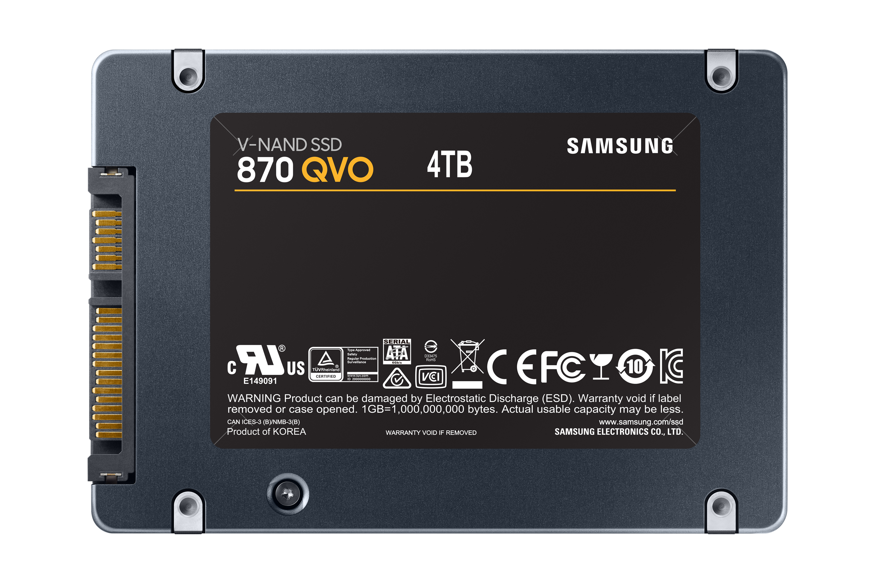 SSD Samsung 870 QVO 4TB. Nero con testo arancione. Cornice argentata. Info prodotto in alto. Connettore a sinistra.