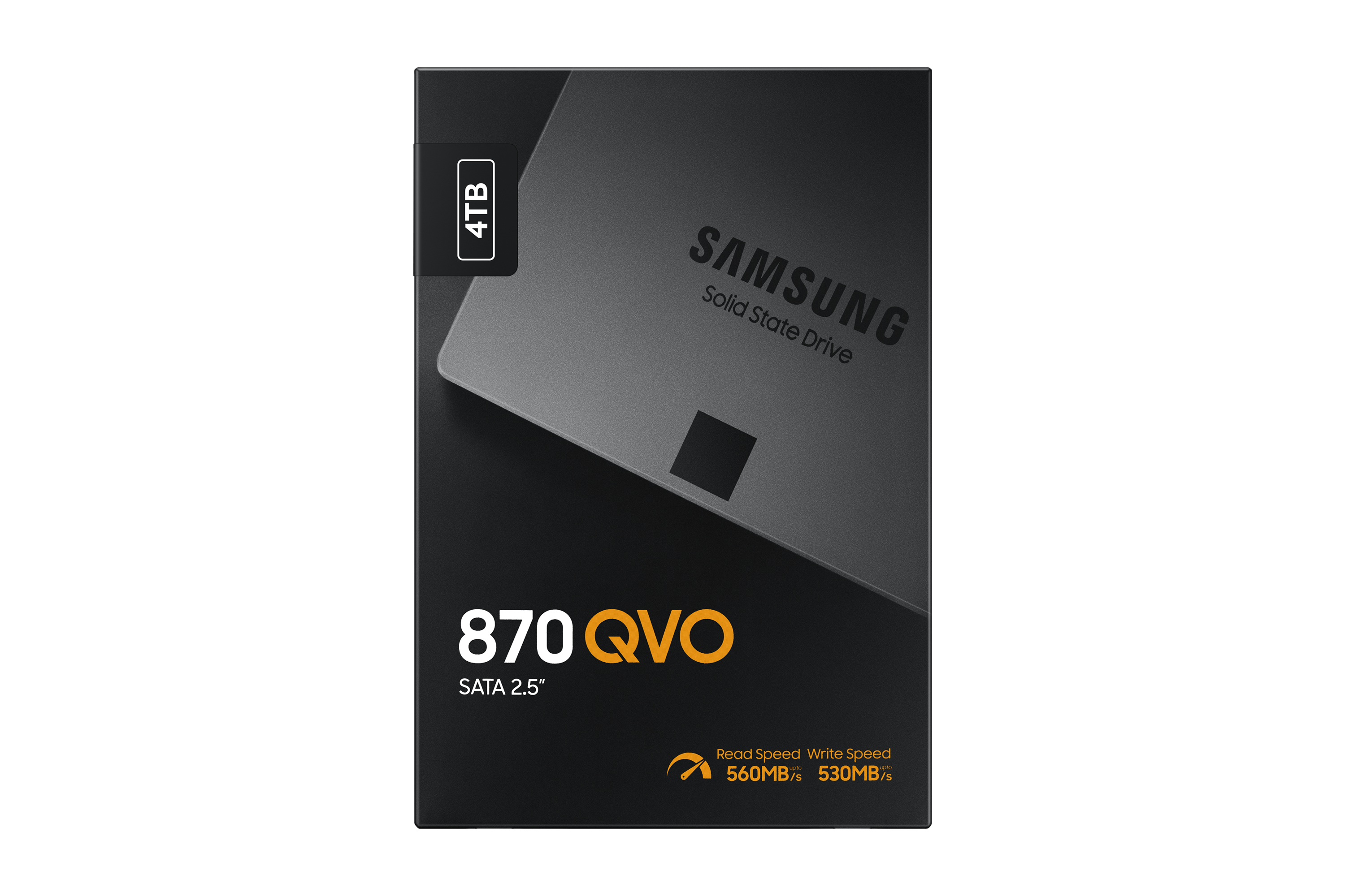 Dysk SSD Samsung 870 QVO, ciemnoszary z białym tekstem, czarne tło.