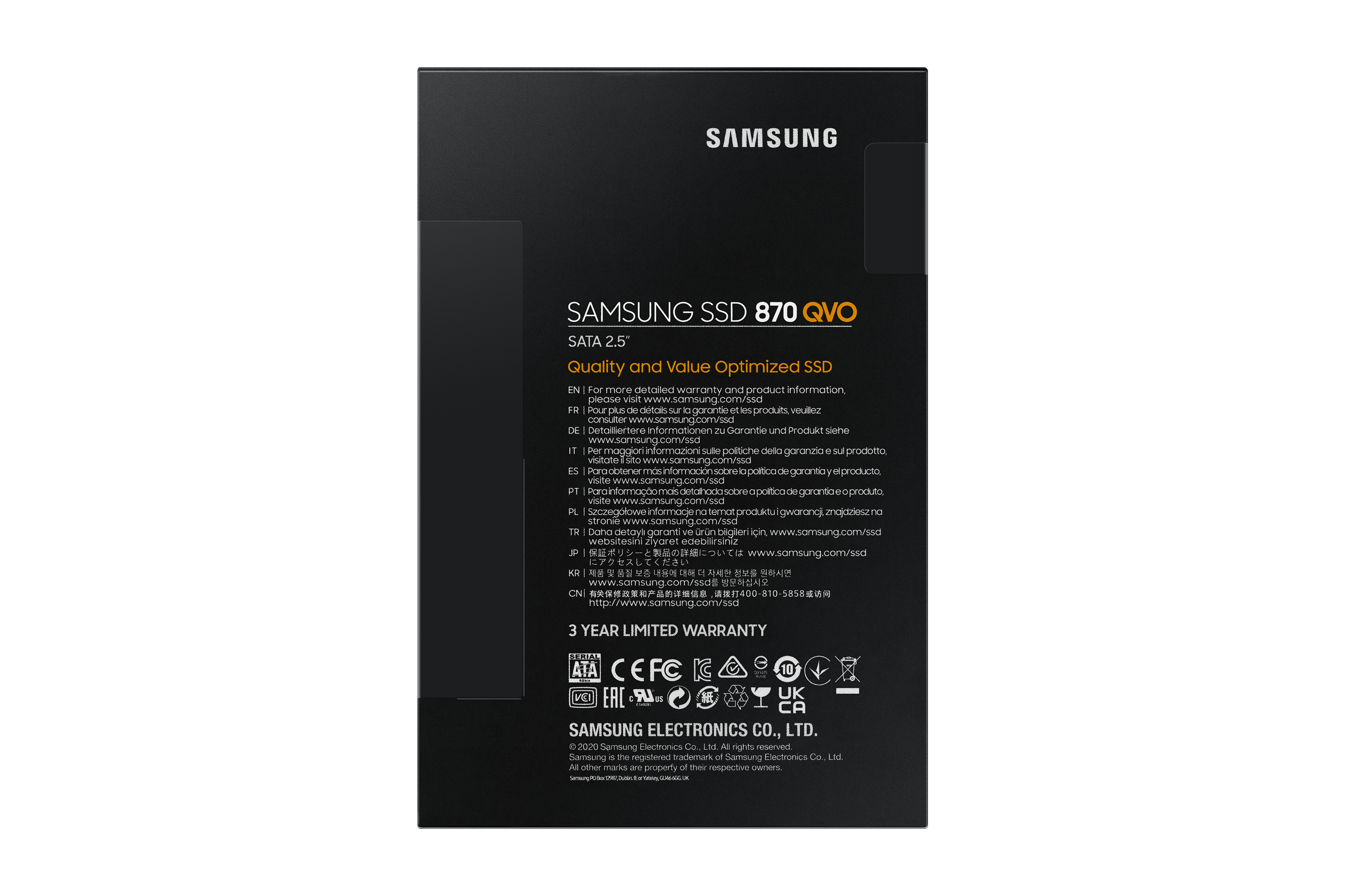 Confezione Samsung SSD 870 QVO, colore nero con testo. Informazioni sul prodotto in più lingue.