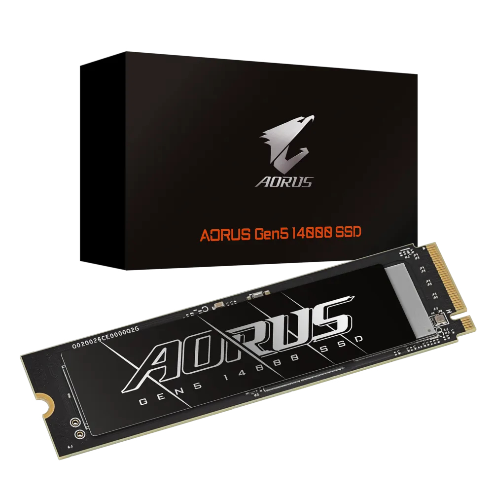 Czarne pudełko z 'AORUS Gen5 14000 SSD' i dyskiem SSD poniżej. Białe tło.