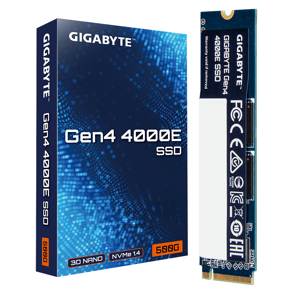 Dysk SSD Gigabyte Gen4 4000E, w pudełku i zbliżeniu. Pudełko jest niebieskie z białym tekstem.