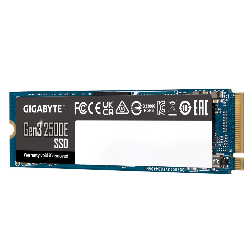 Niebieski Gigabyte Gen3 2500E SSD. Tekst: Gen3 2500E SSD. Srebrny tekst, białe tło.