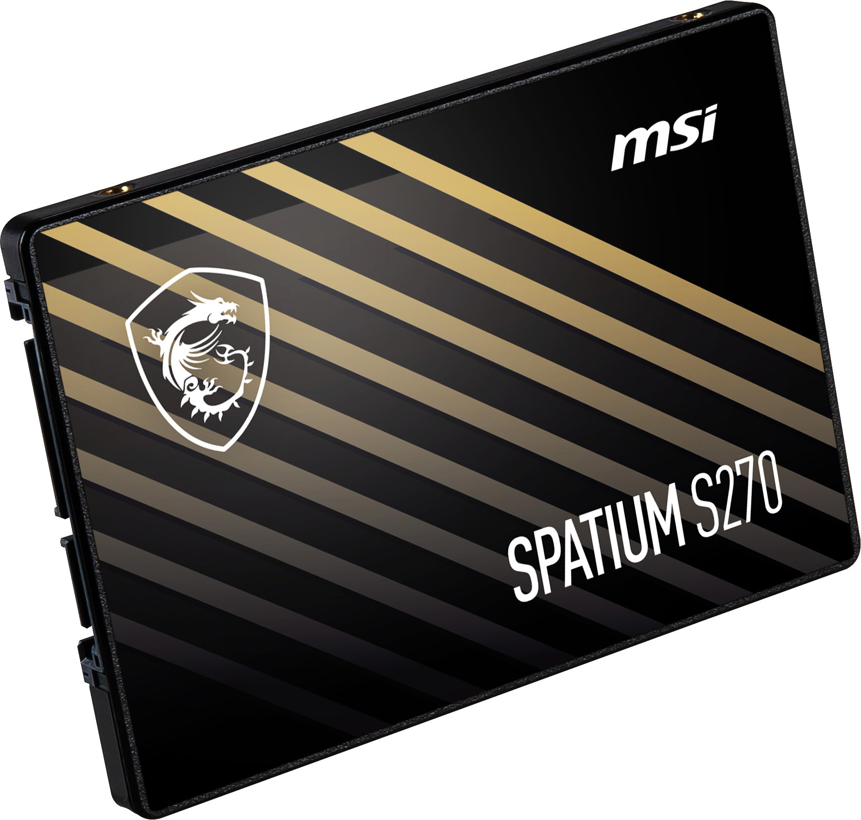 Dysk SSD MSI Spatium S270. Czarno-złoty design. Logo MSI w prawym górnym rogu. Logo tarczy pośrodku.
