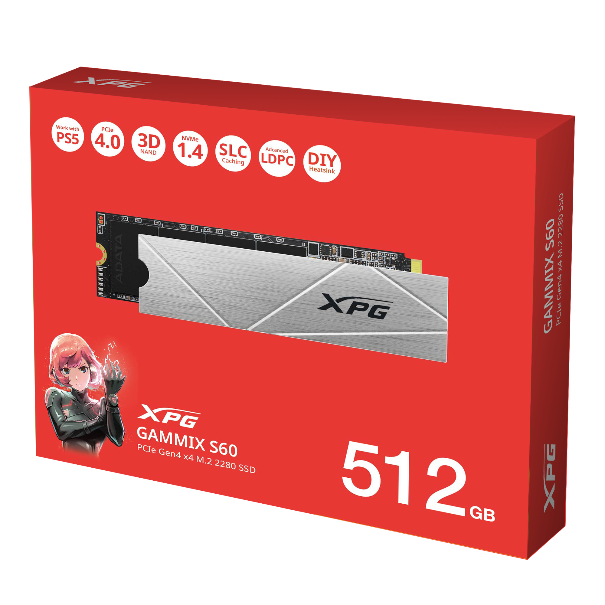 Dysk SSD XPG Gammix S60, w czerwonym pudełku z obrazami i tekstem. Dysk SSD jest widoczny. Tekst: 512 GB.