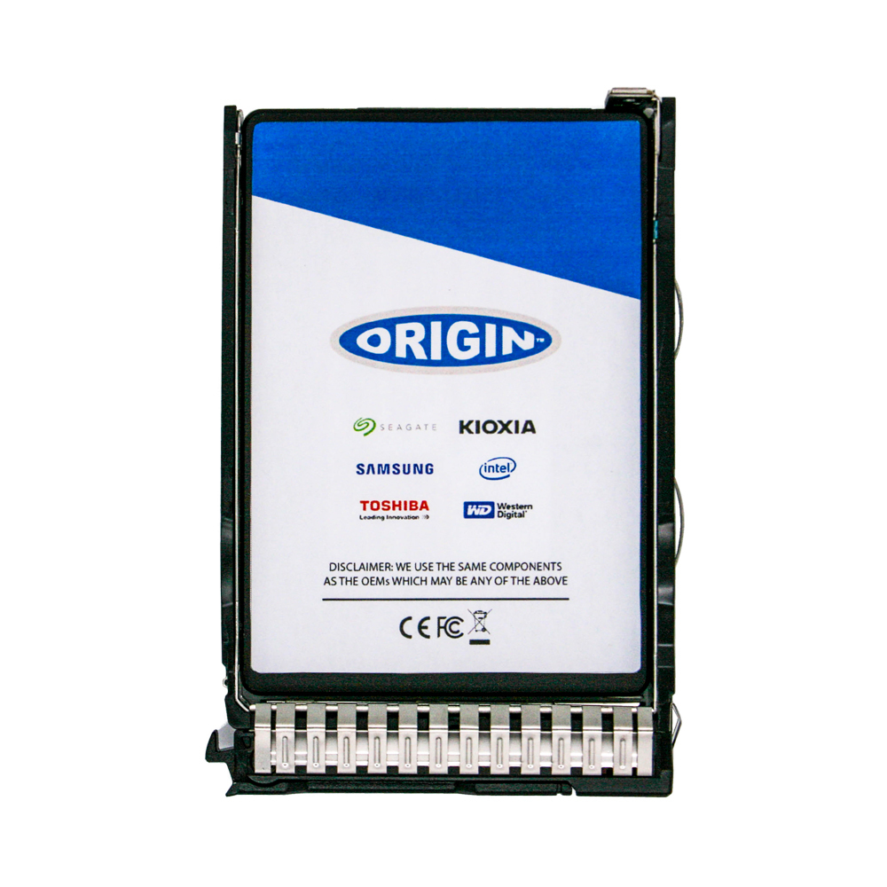 SSD con logo ORIGIN. Marchi: Seagate, KIOXIA, Samsung, Toshiba, WD e Intel. Sfondo blu e bianco.