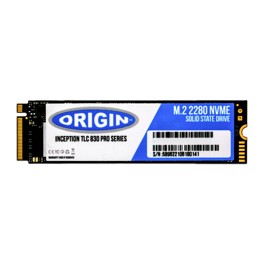 Dysk SSD z niebiesko-białą etykietą. Jest czarny i ma markę 'ORIGIN' na biało.
