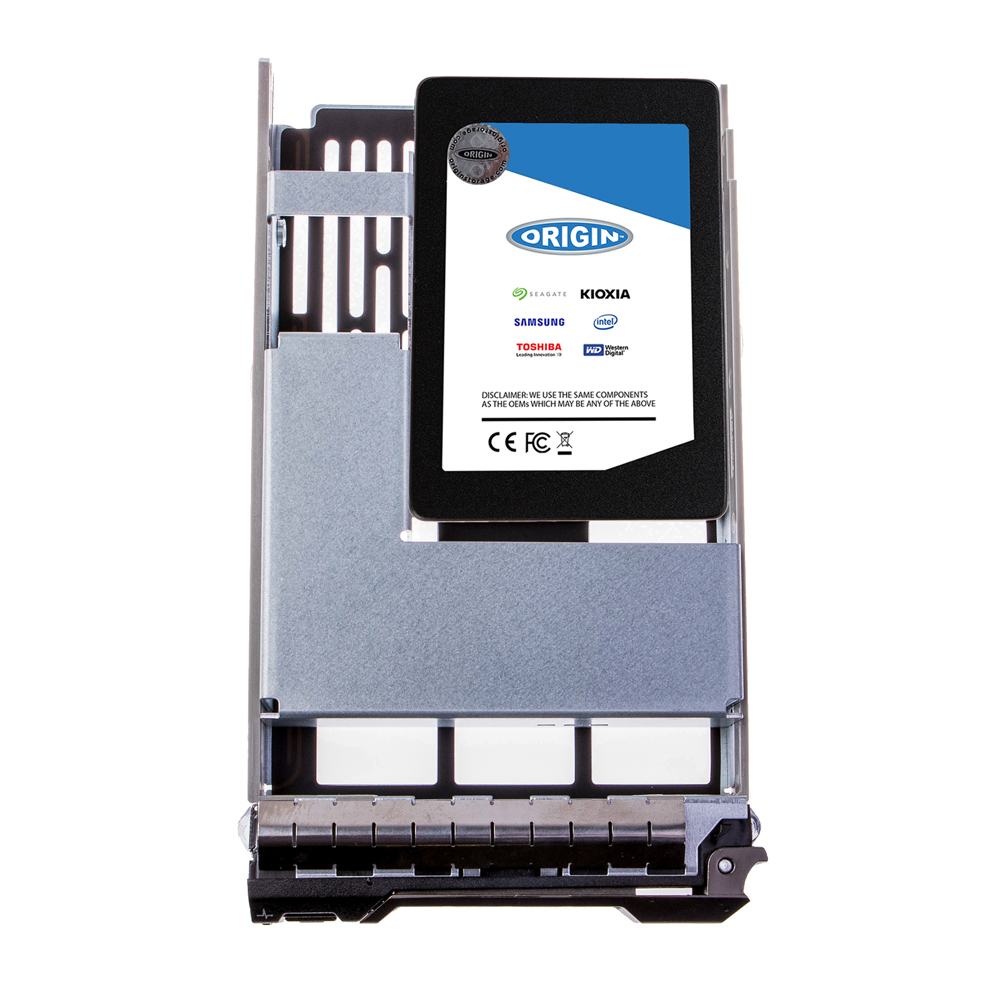 Alloggiamento per disco rigido argentato con un SSD Origin visibile. L'SSD ha un'etichetta blu e bianca.