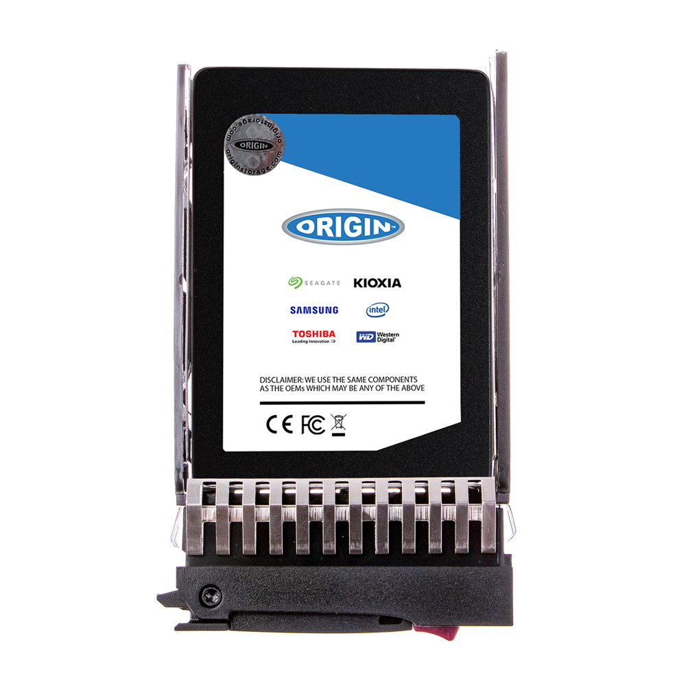 Alloggiamento per disco rigido argentato con un SSD Origin visibile. L'SSD ha un'etichetta blu e bianca.