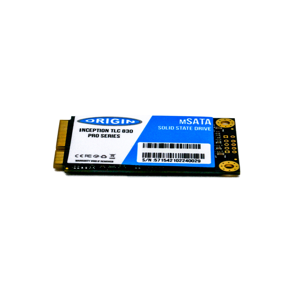 Un SSD mSATA Origin, con etichetta blu e bianca, su sfondo bianco.