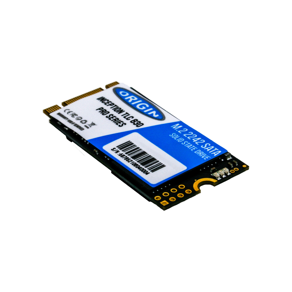 Karta SSD z niebiesko-białą etykietą, widok z boku.