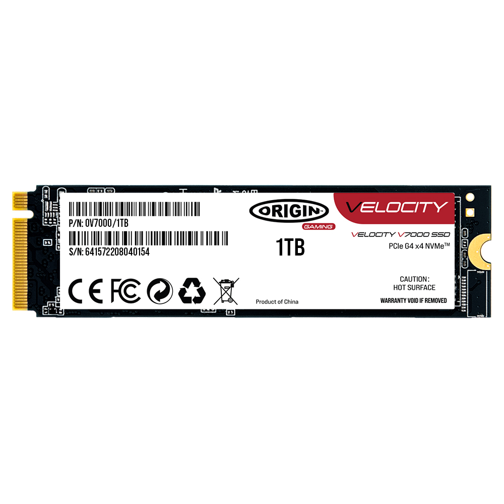 SSD Origin Velocity V7000 con etichetta e testo su sfondo bianco.