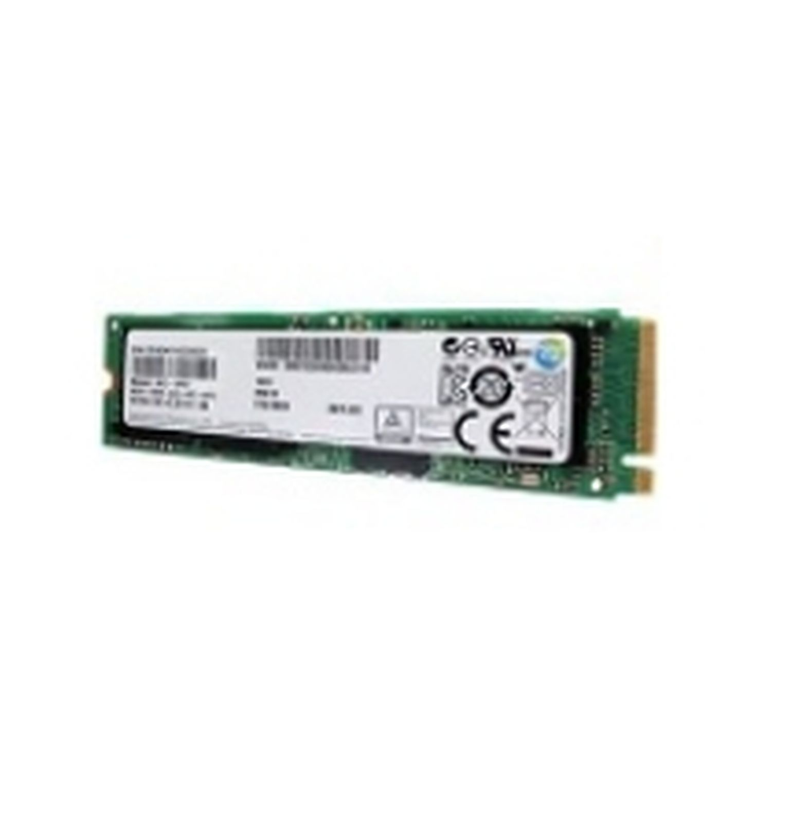 SSD con etichetta, verde e bianco, angolato su sfondo bianco.