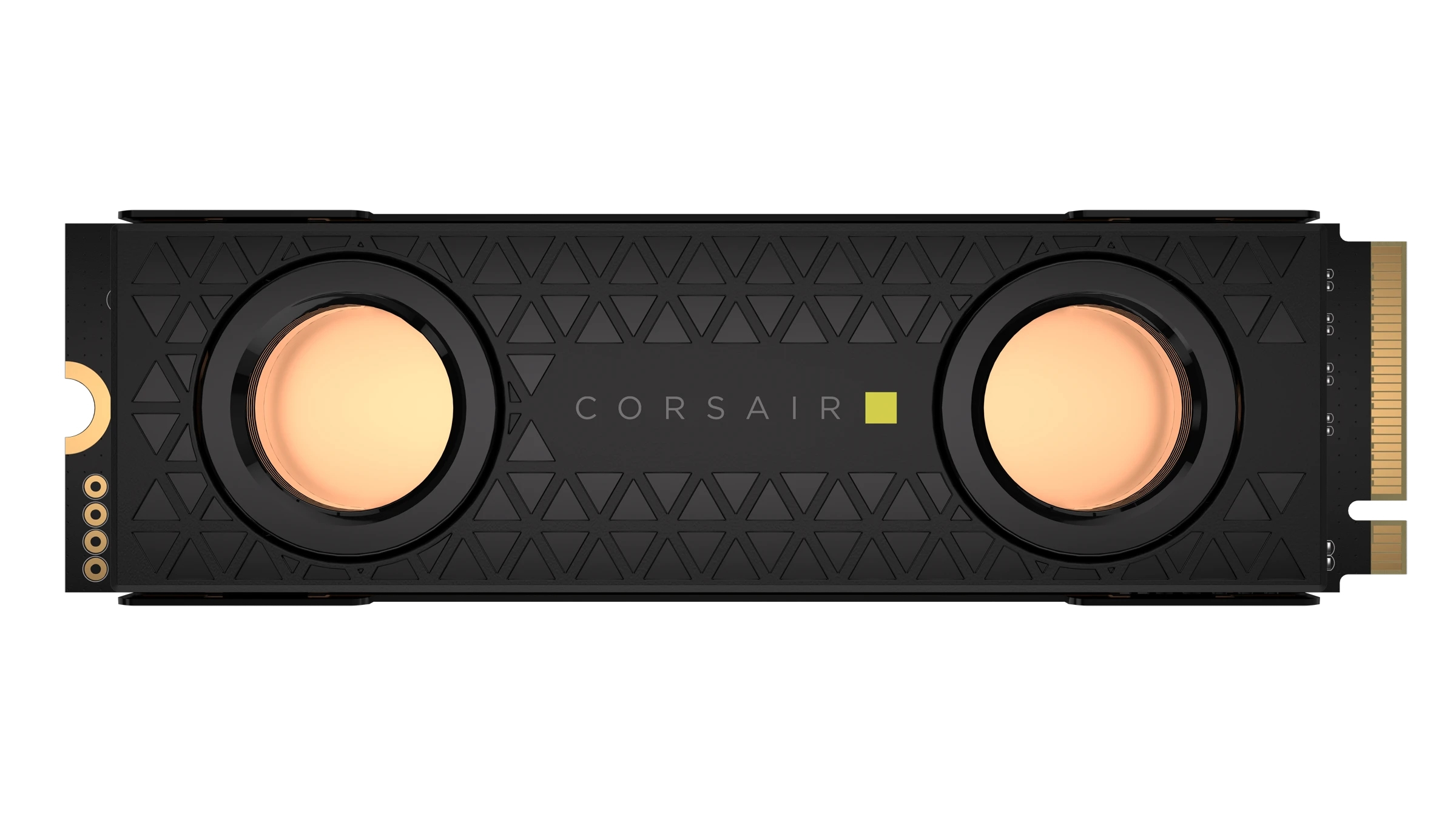 Czarny dysk SSD z logo Corsair i dwoma złotymi okręgami do chłodzenia, widok z góry, białe tło.