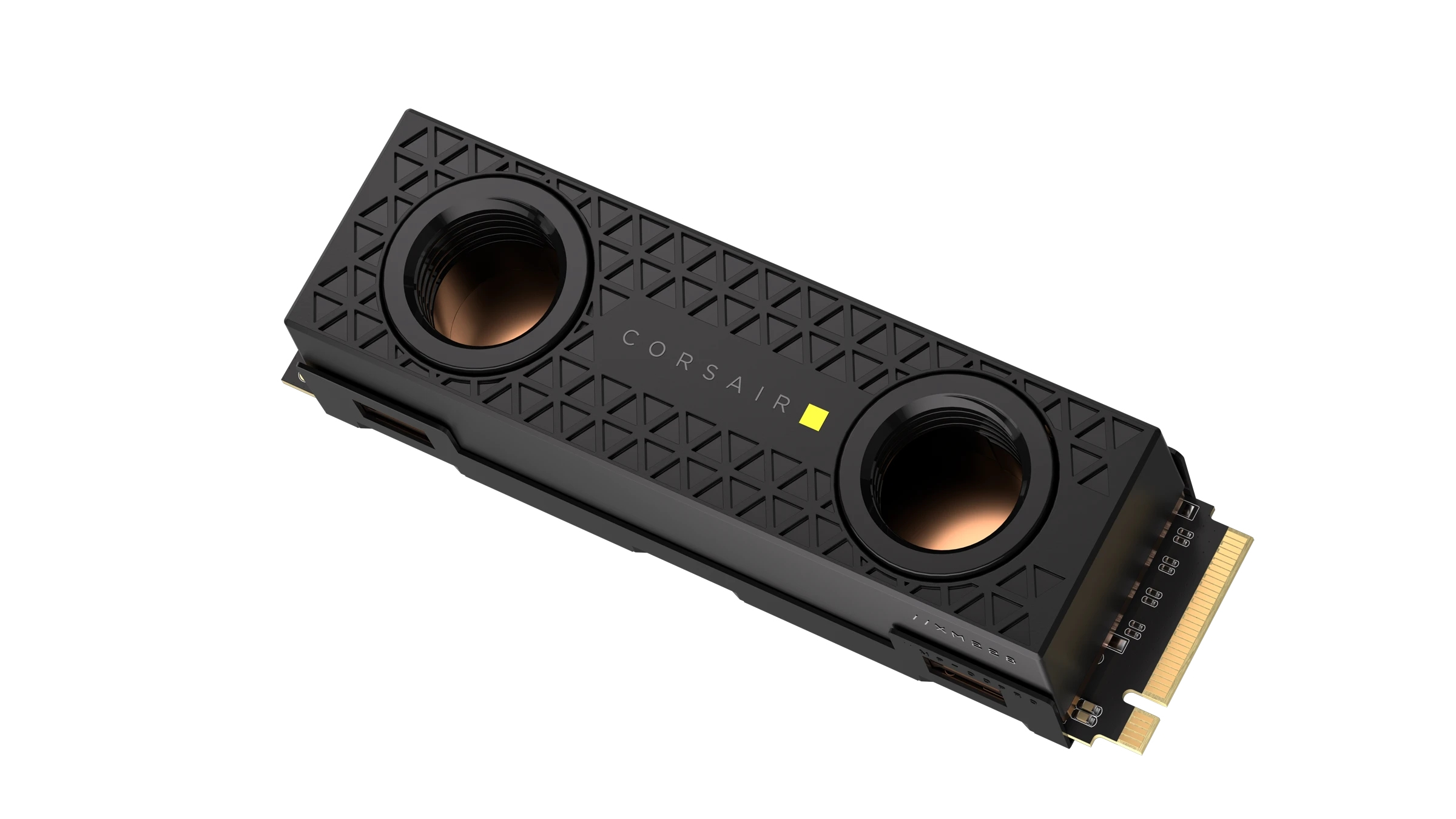 Czarny dysk SSD z logo Corsair i dwoma okrągłymi otworami wentylacyjnymi na górze.