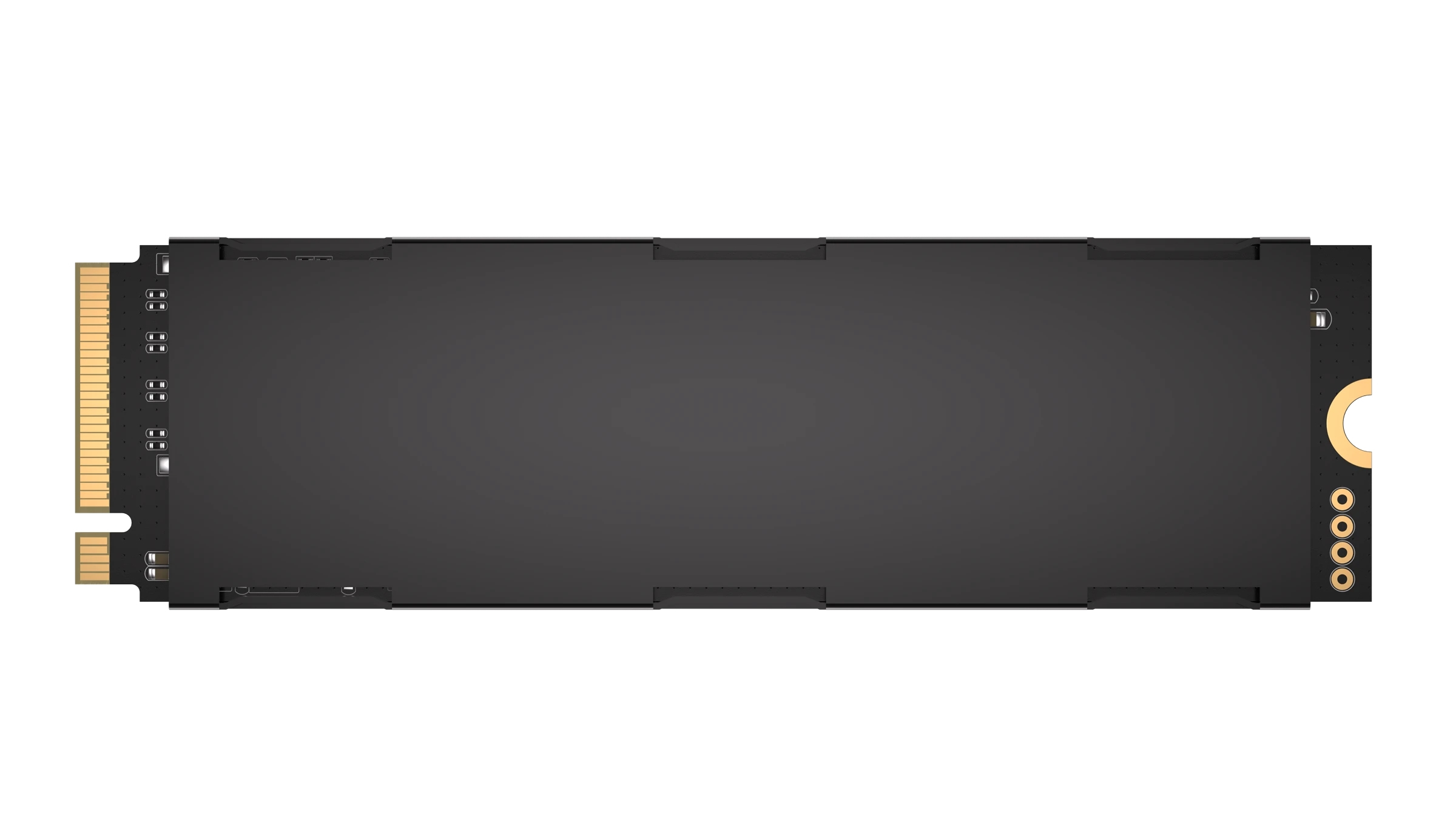 Czarny dysk SSD ze złotymi złączami na krawędzi i czarną powierzchnią.