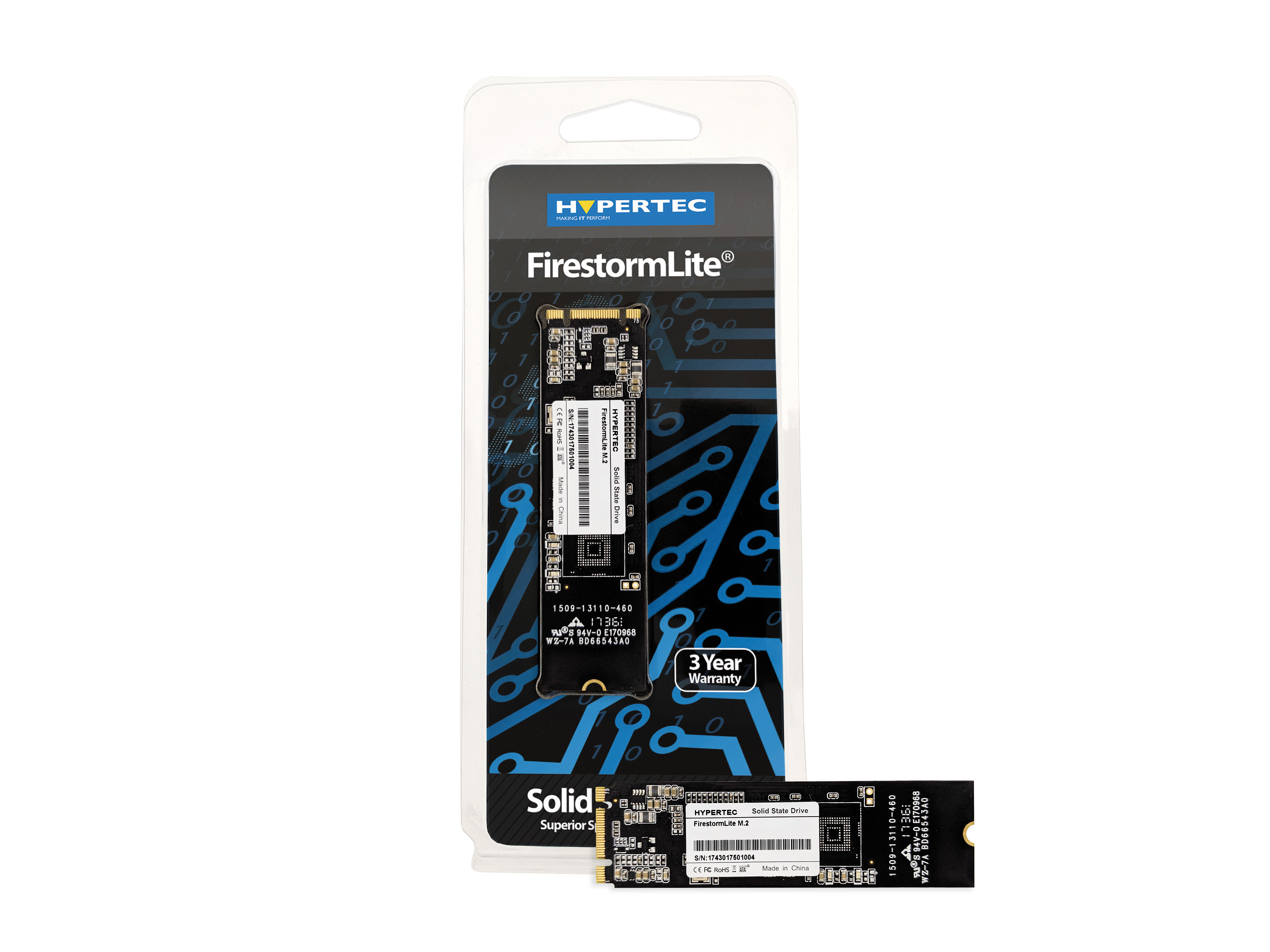 SSD M.2 in un pacchetto di plastica. Legge Hypertec, FirestormLite. Sotto, un SSD più piccolo.