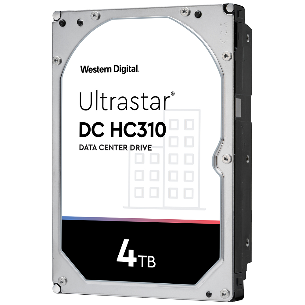 Disco rigido Western Digital Ultrastar da 4 TB. Etichetta bianca, sezioni nere e blu.