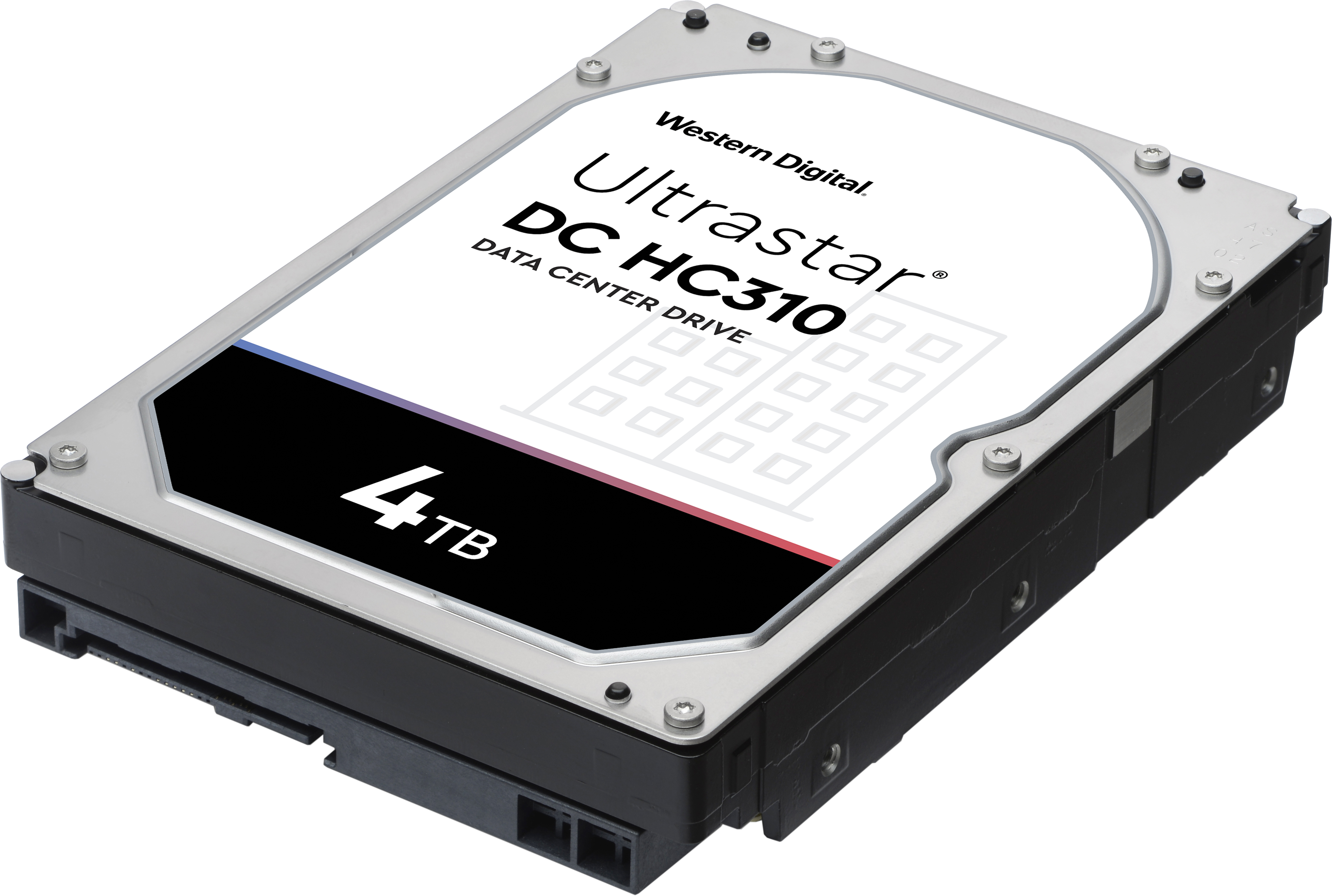 Disco rigido Western Digital Ultrastar DC HC310 da 4 TB. Etichetta bianca, testo nero, alloggiamento argentato.