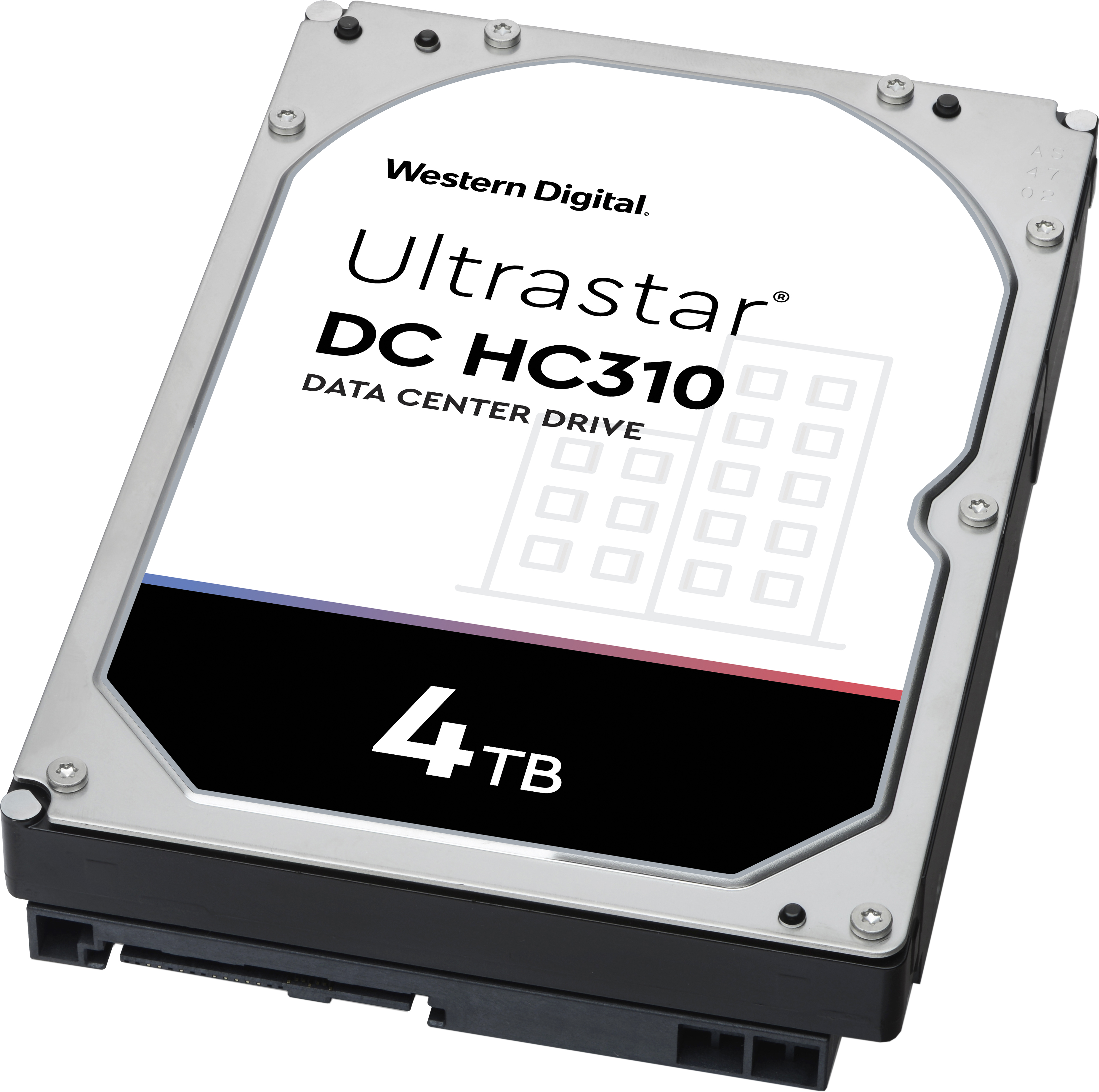 Disco rigido Western Digital. Argento e nero. Etichetta bianca con dettagli Ultrastar, DC HC310 e 4TB.