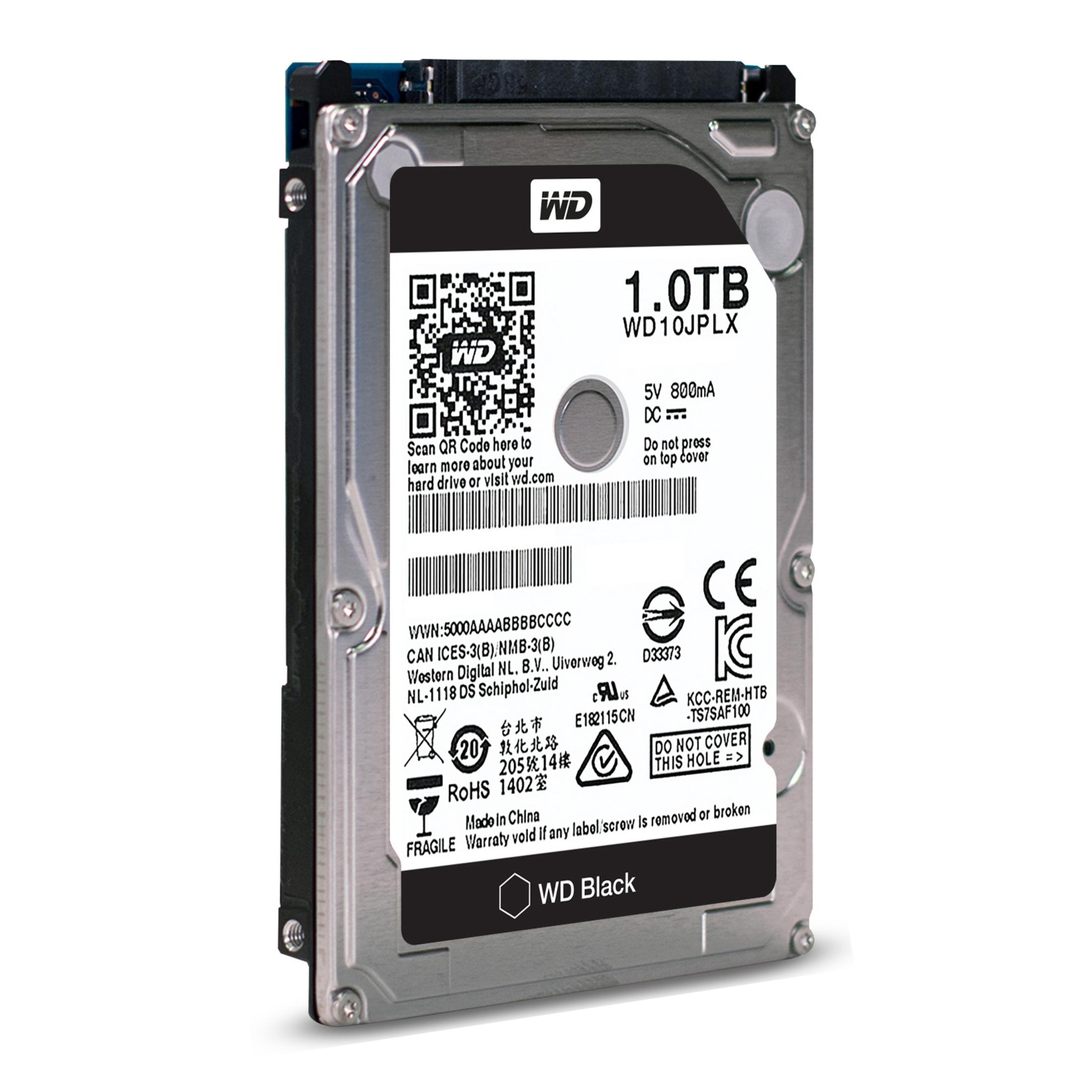 Disco duro WD de 1 TB. Color negro y plateado. Código QR y etiqueta de texto en la parte superior.