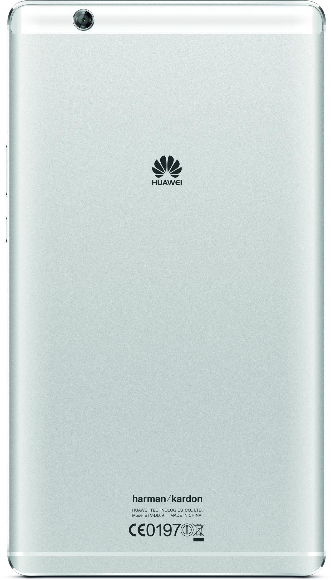 Silberne Huawei Tablet-Rückseite. Rückkamera, Huawei-Logo und Text 'harman/kardon'.