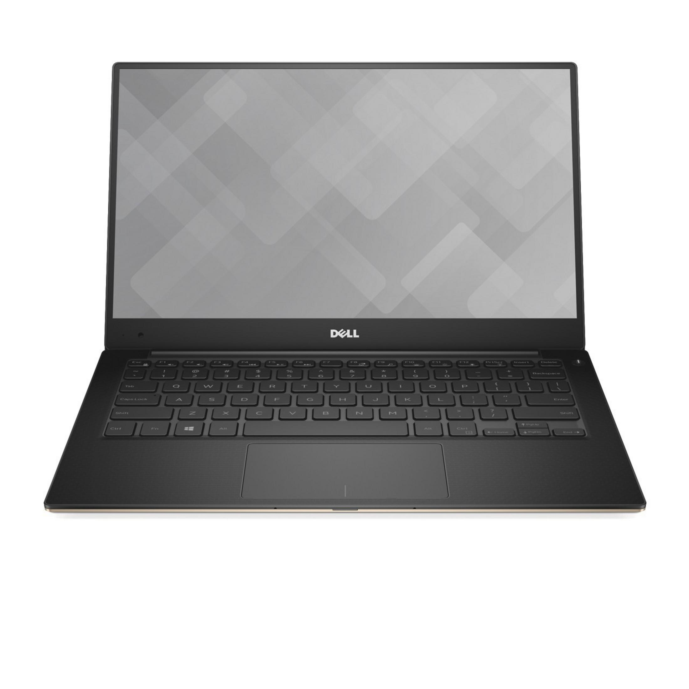 Dell Laptop, offen, auf Weiß. Schwarze Tastatur, silberner Rahmen. Anzeige zeigt verschwommenes, graues Muster.