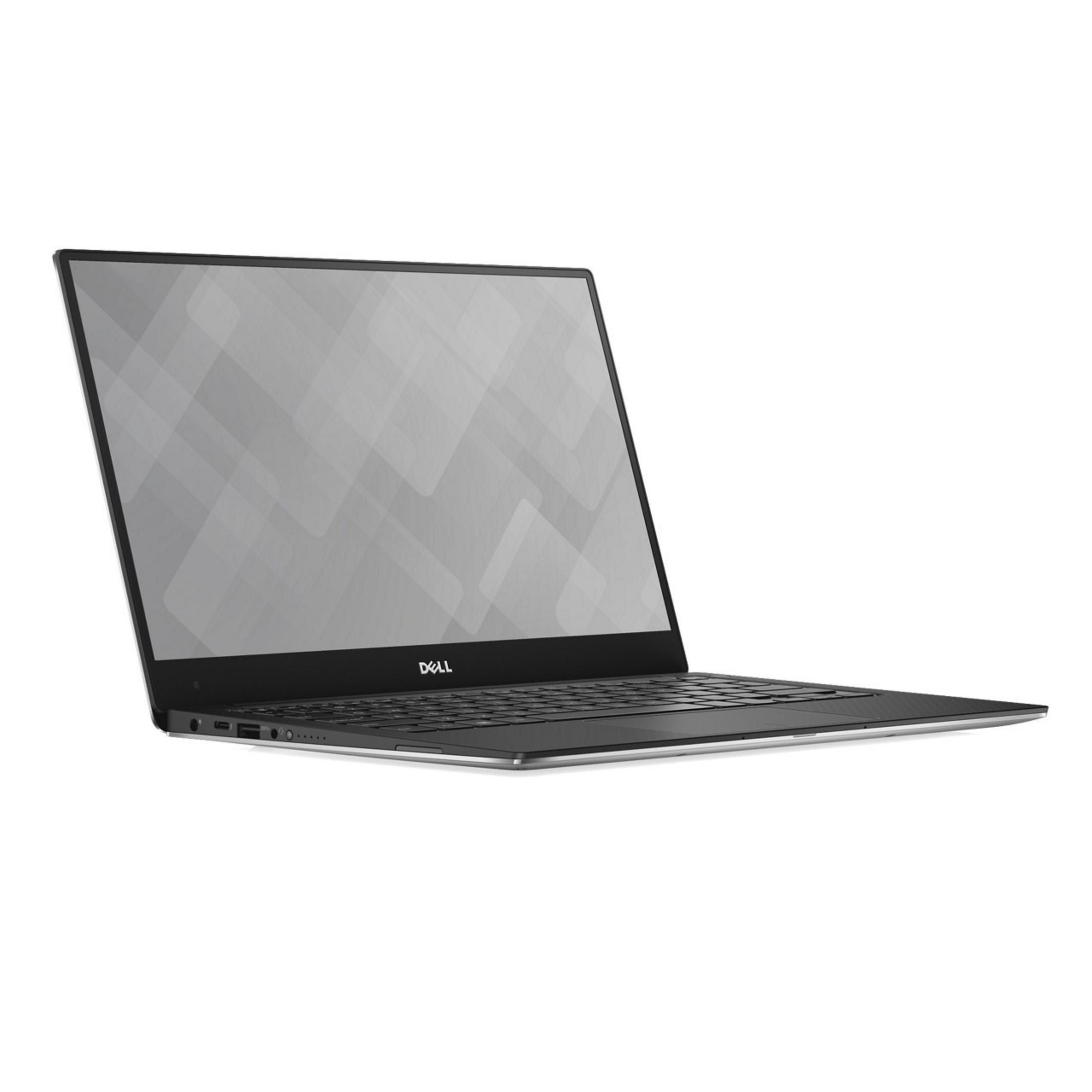 Dell Laptop, offen, auf Weiß. Zeigt Tastatur und Bildschirm. Anzeige ist ein graues, geometrisches Muster. Schwarzer Rahmen.