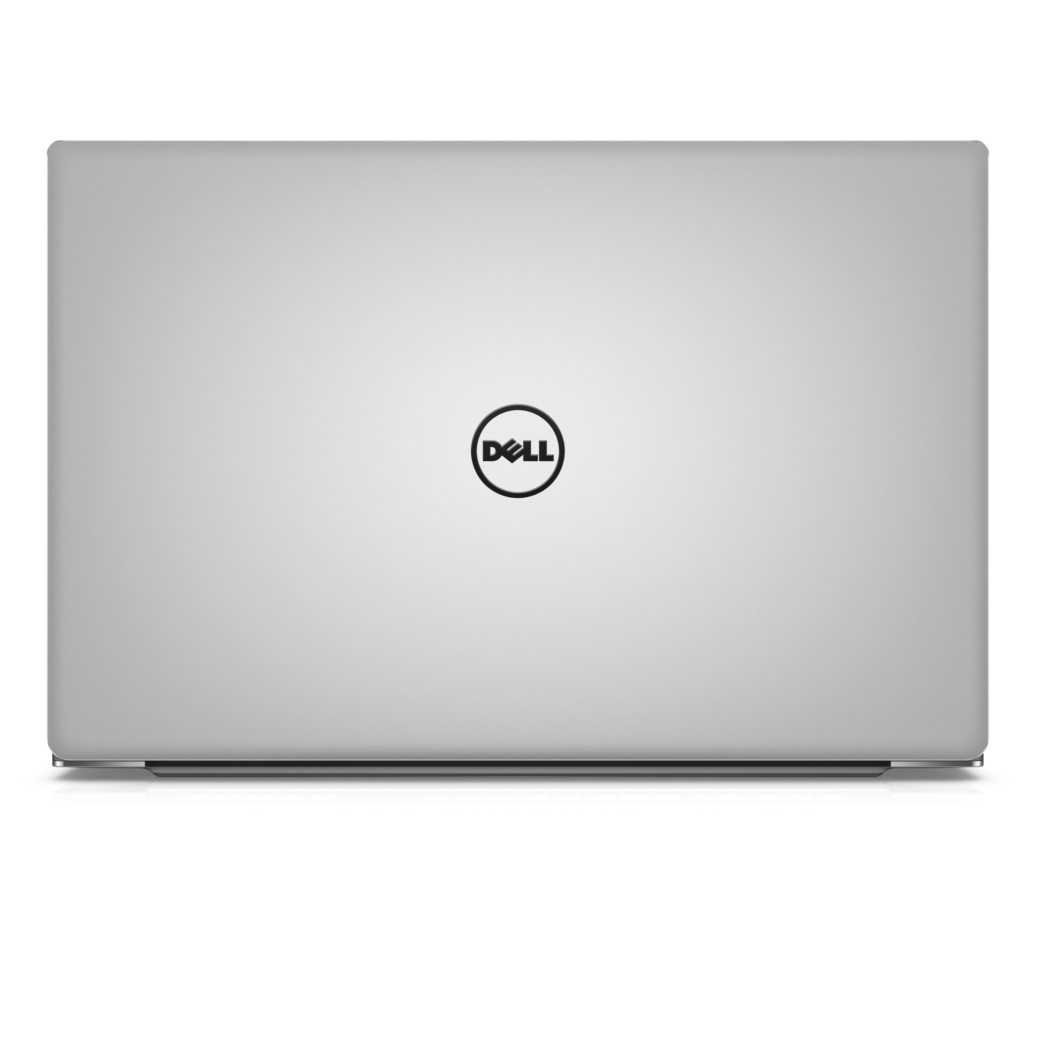 Silberner Dell Laptop, geschlossen, auf weißem Untergrund. Dell-Logo mittig auf dem Deckel.