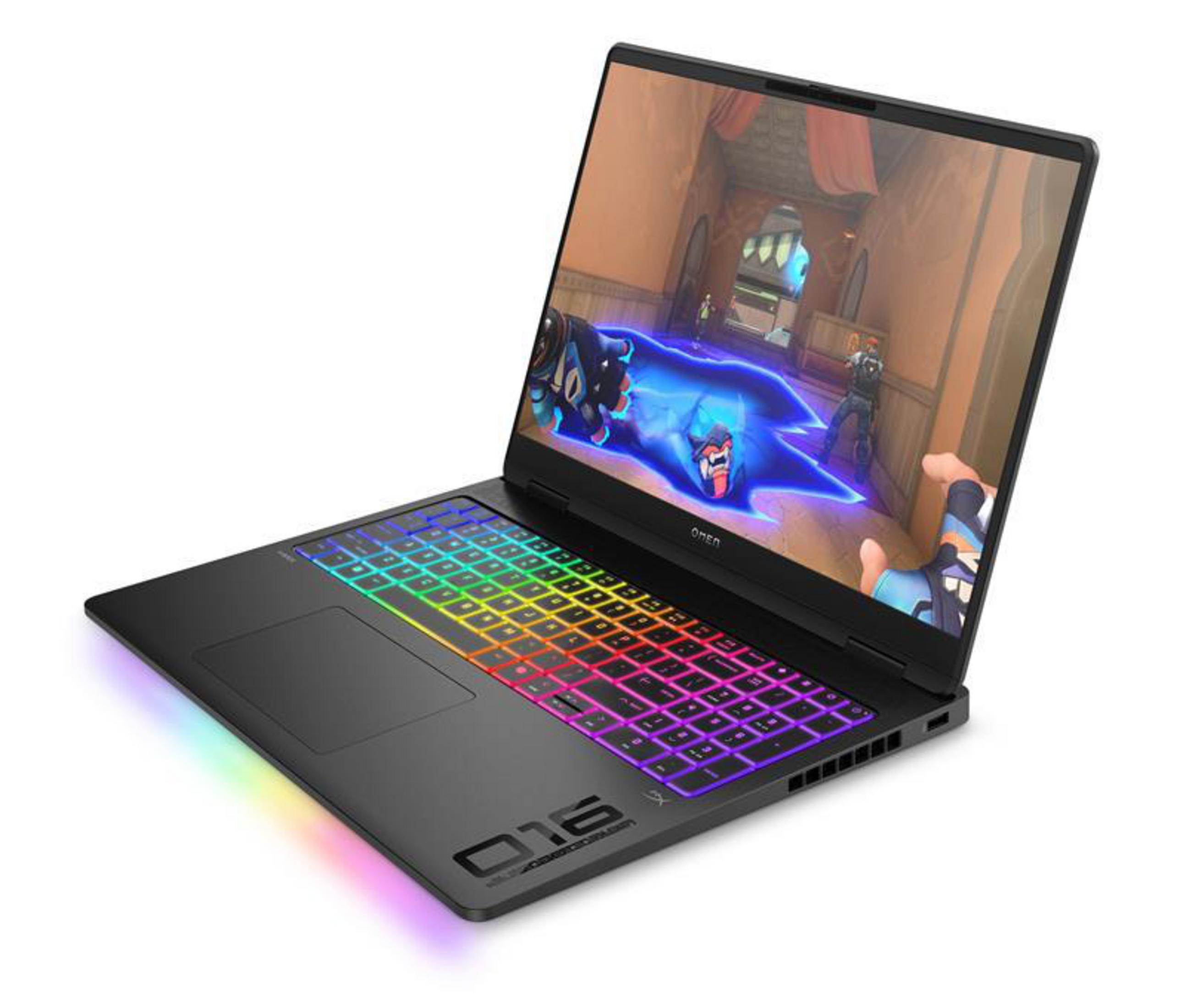 Schwarzer OMEN Laptop, offen, mit farbiger Tastaturbeleuchtung. Spielszene auf dem Bildschirm.
