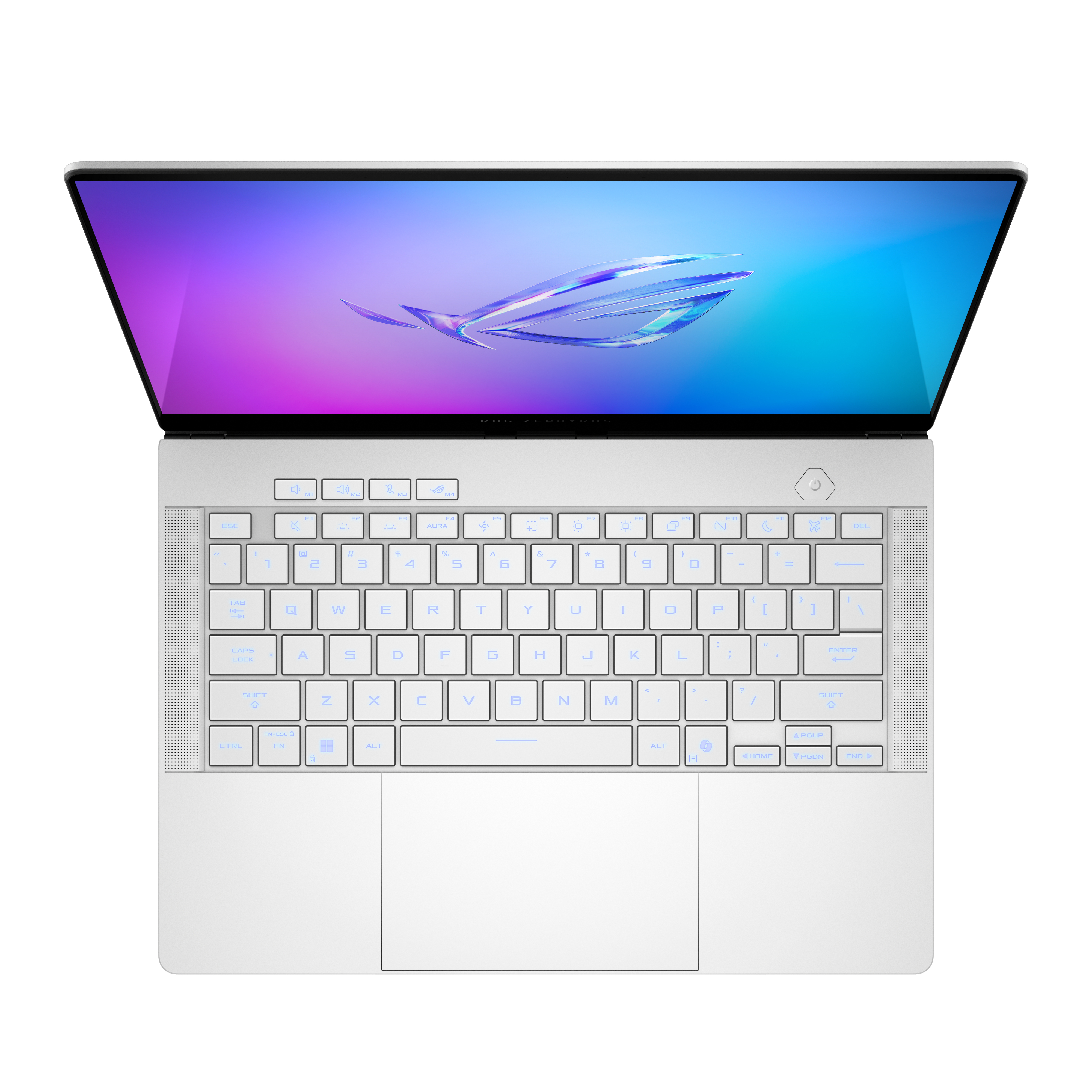 Offener weißer Laptop auf weißer Oberfläche, beleuchtete Tastatur, ROG-Logo auf dem Bildschirm. Weißer Hintergrund.
