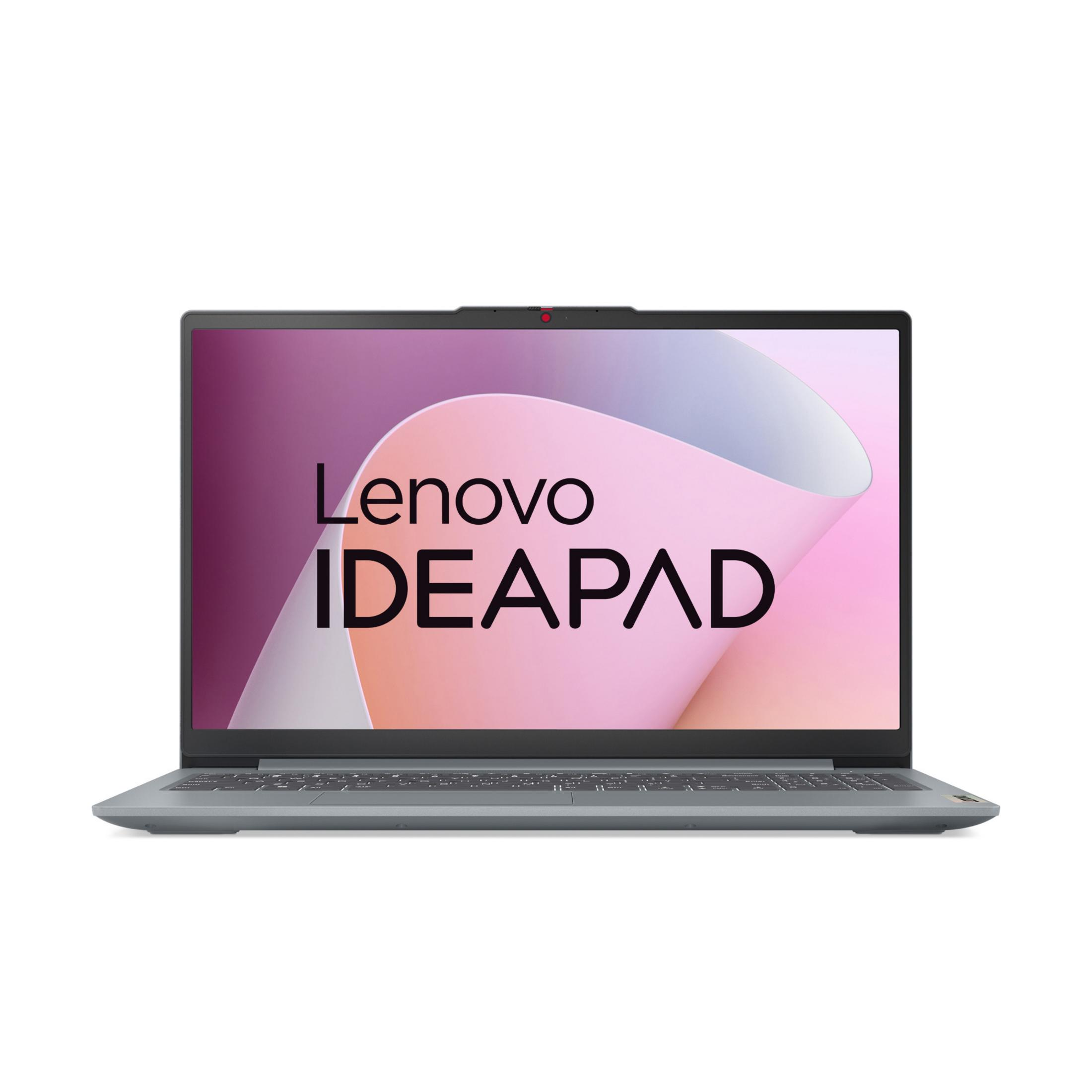 Lenovo IdeaPad Laptop, Bildschirm zeigt Logo und rosa Design. Graues Gehäuse.
