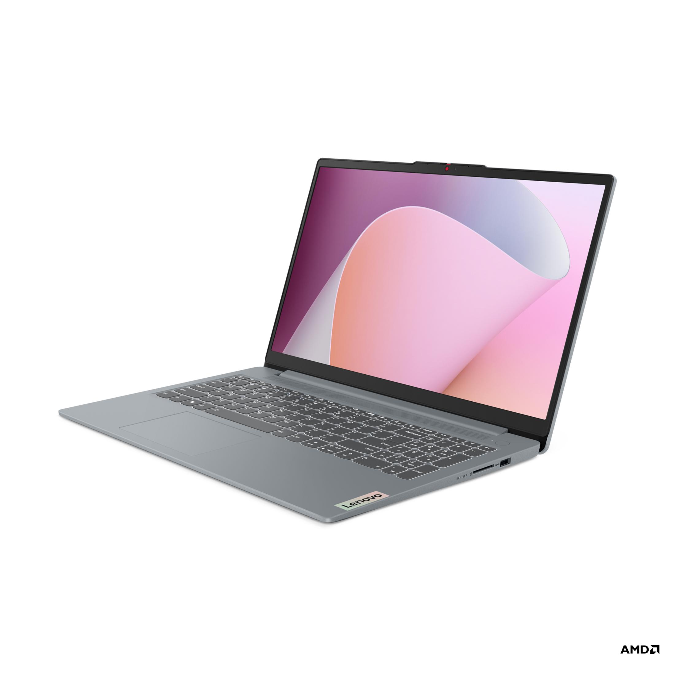 Lenovo IdeaPad, offen, Bildschirm zeigt Logo und Design. Graues Gehäuse.
