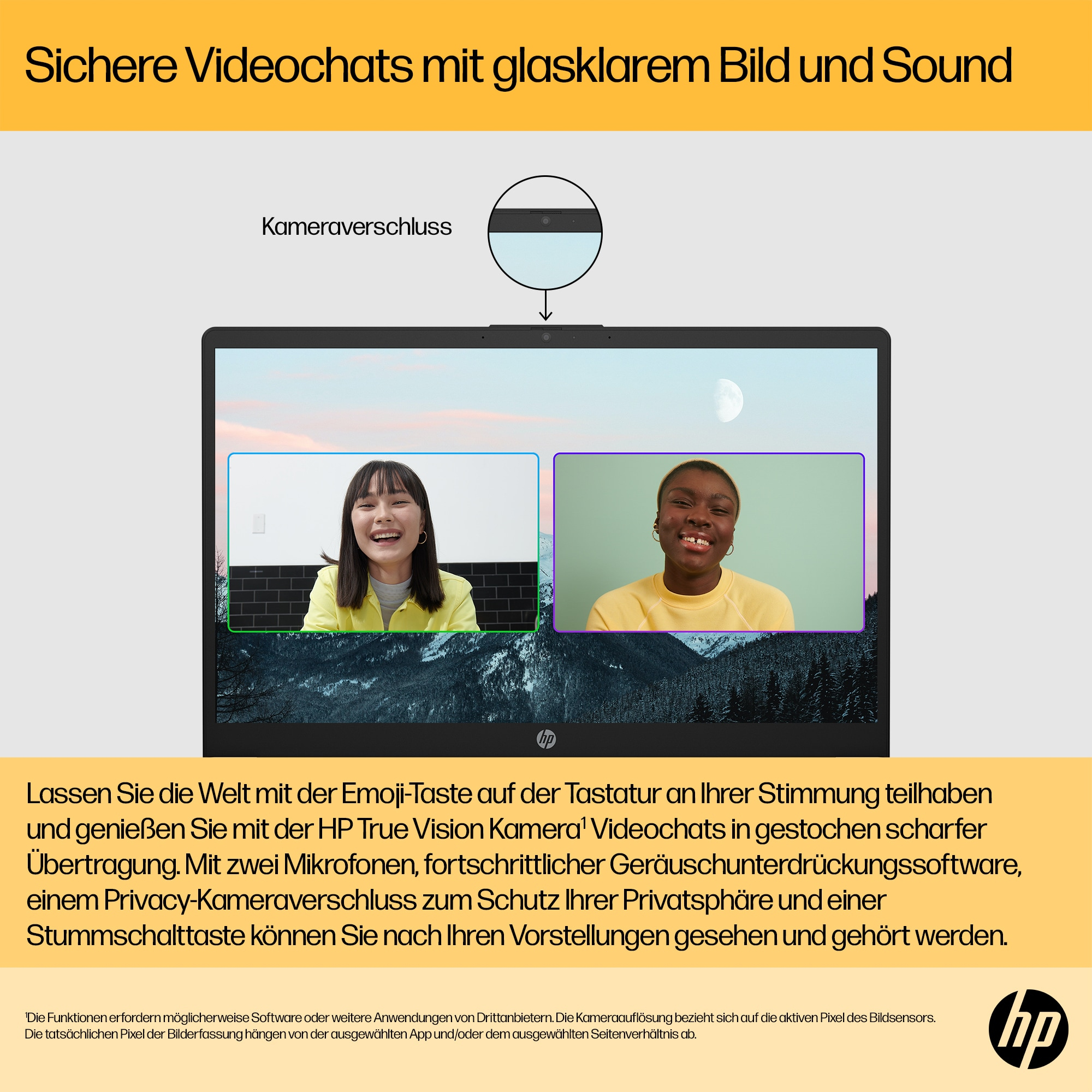 Zwei Personen in einem Videoanruf auf einem HP Laptop. Das Display hat eine Webcam-Abdeckung.