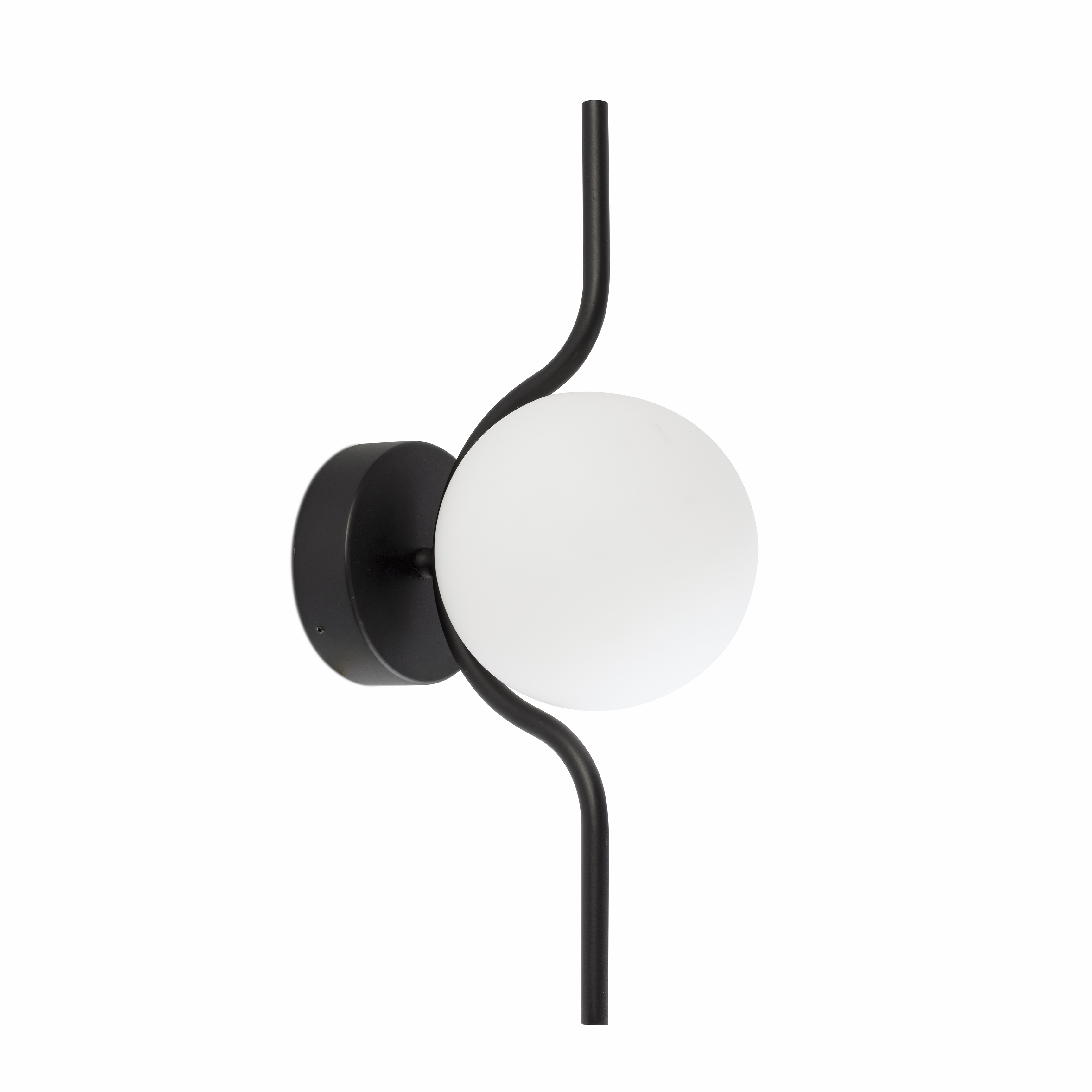 Lampada nera a parete con una luce a globo bianco. Design curvo.