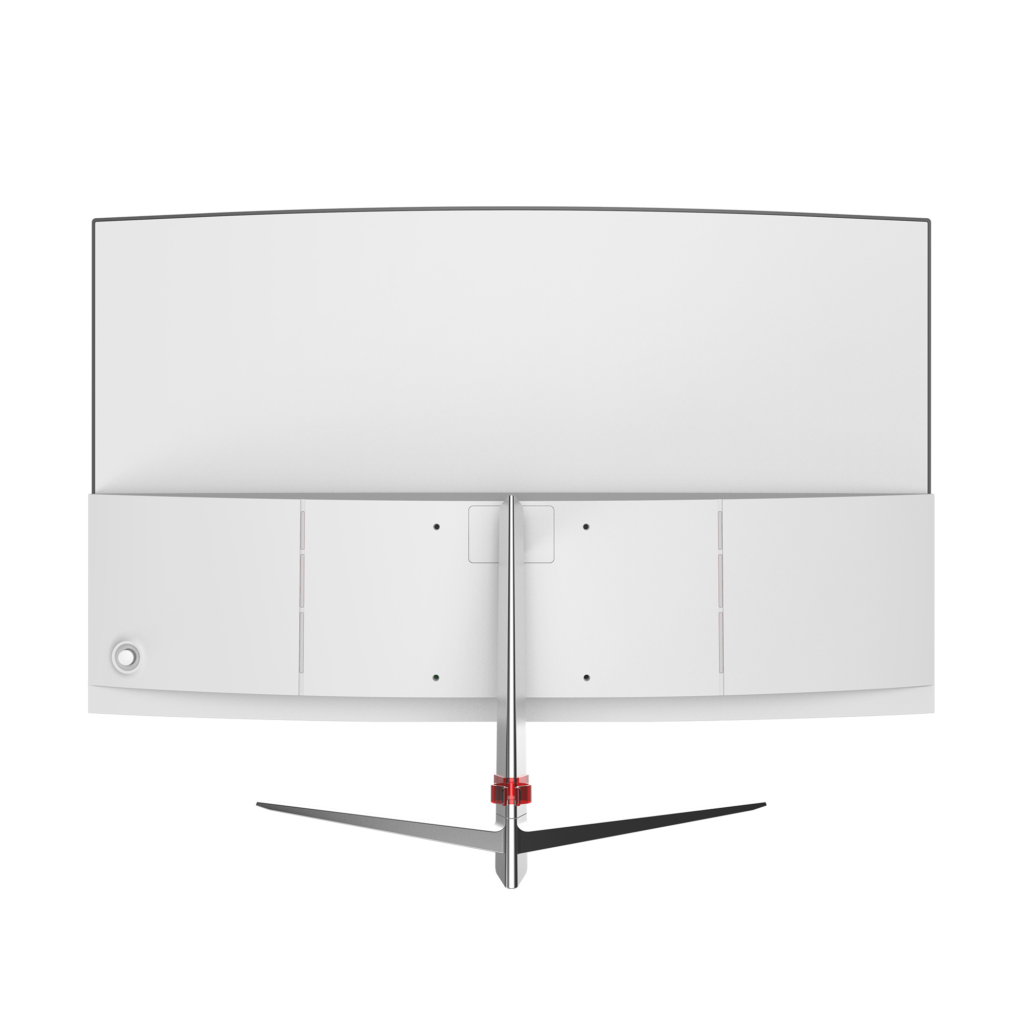 Widok z tyłu zakrzywionego monitora z białym tyłem i podstawą.