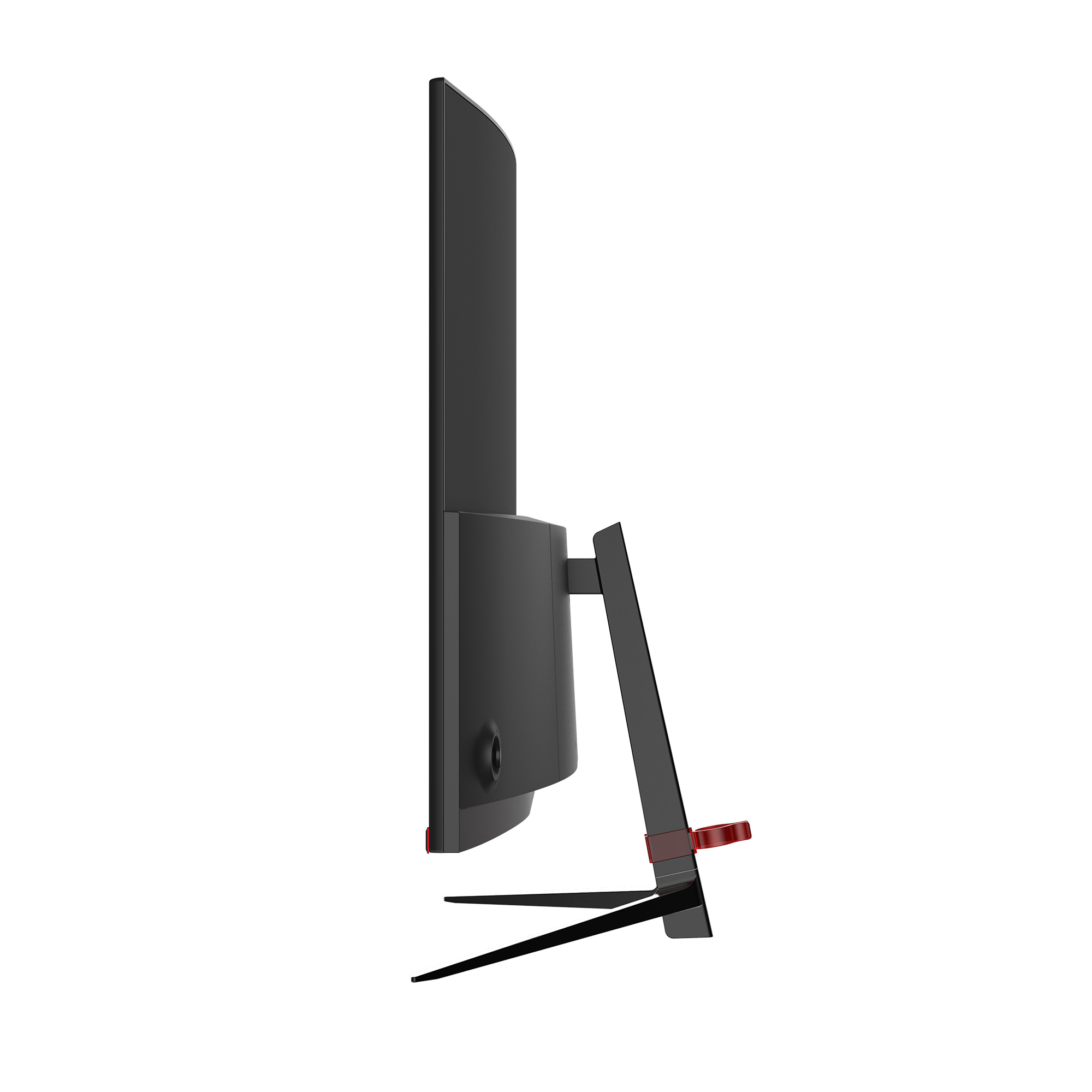 Widok z boku czarnego monitora z czerwonym stojakiem.