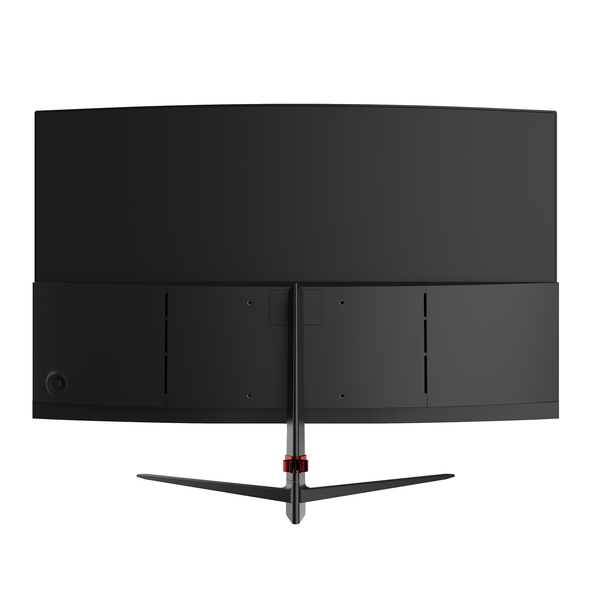 Widok z tyłu zakrzywionego czarnego monitora komputera ze stojakiem z czerwonym akcentem.