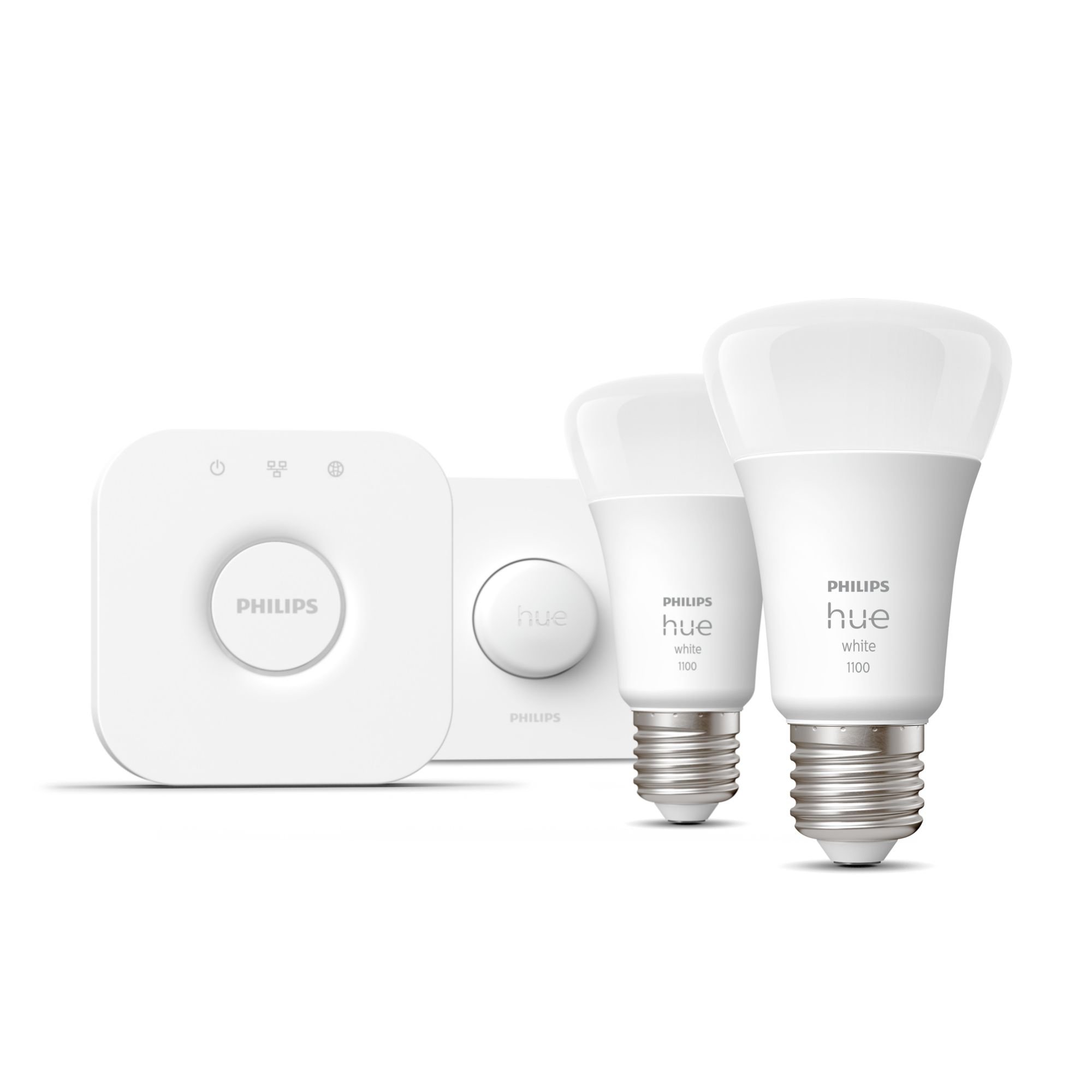 Biały zestaw oświetlenia Philips Hue z mostkiem i dwiema białymi żarówkami.