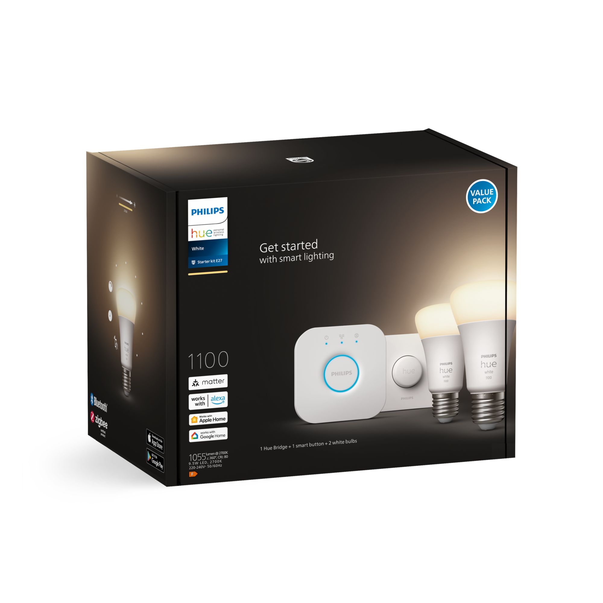 Pudełko zestawu startowego oświetlenia inteligentnego Philips Hue. Zawiera mostek, ściemniacz i żarówki.