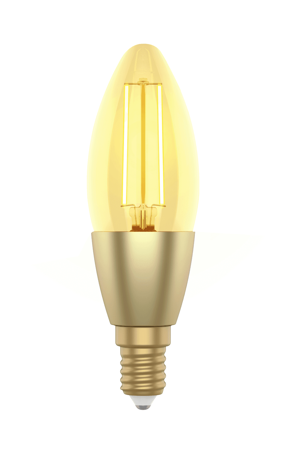 Una lampadina a LED dorata su sfondo bianco.