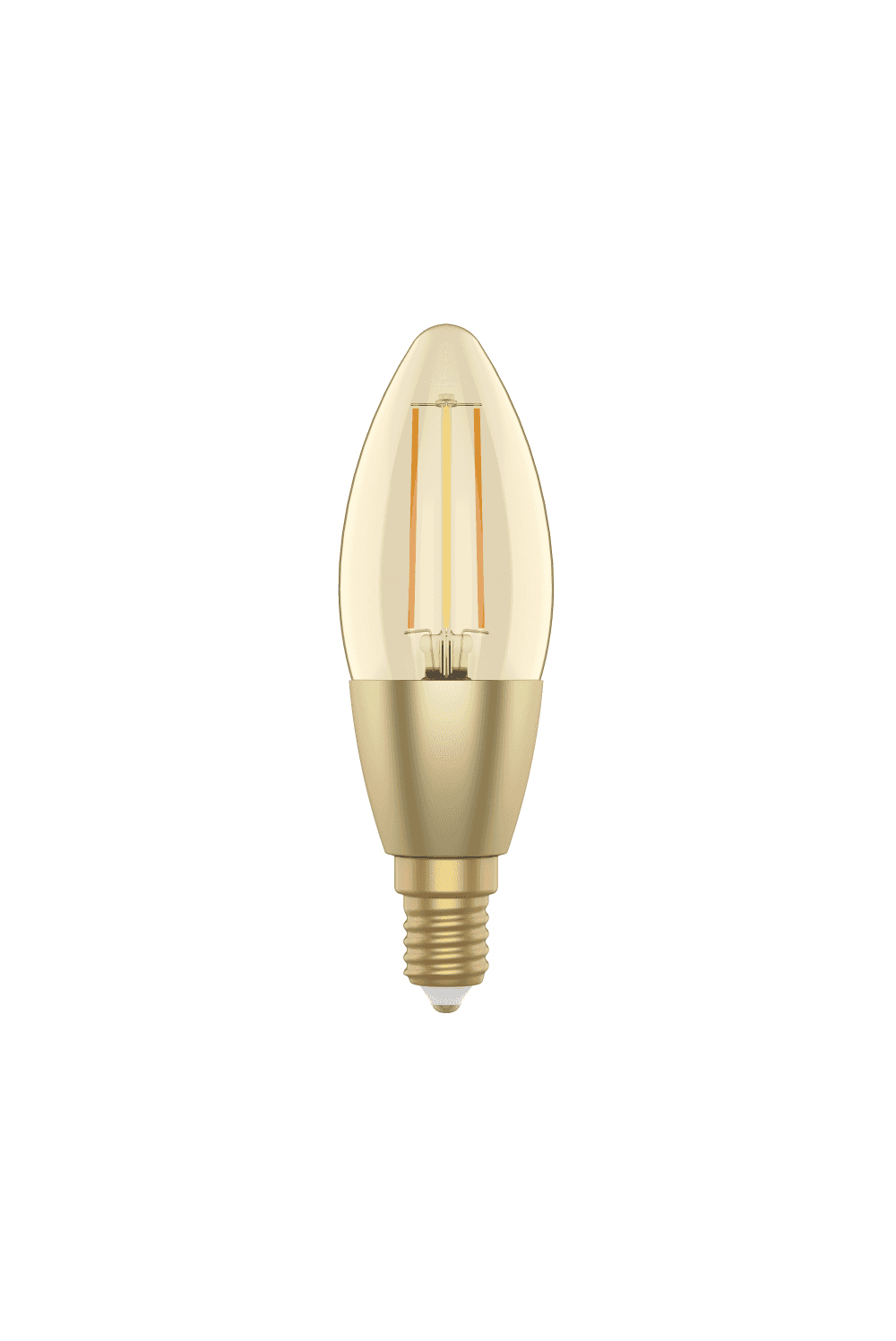 Una lampadina a LED dorata a forma di candela su sfondo bianco. Ha due filamenti verticali.