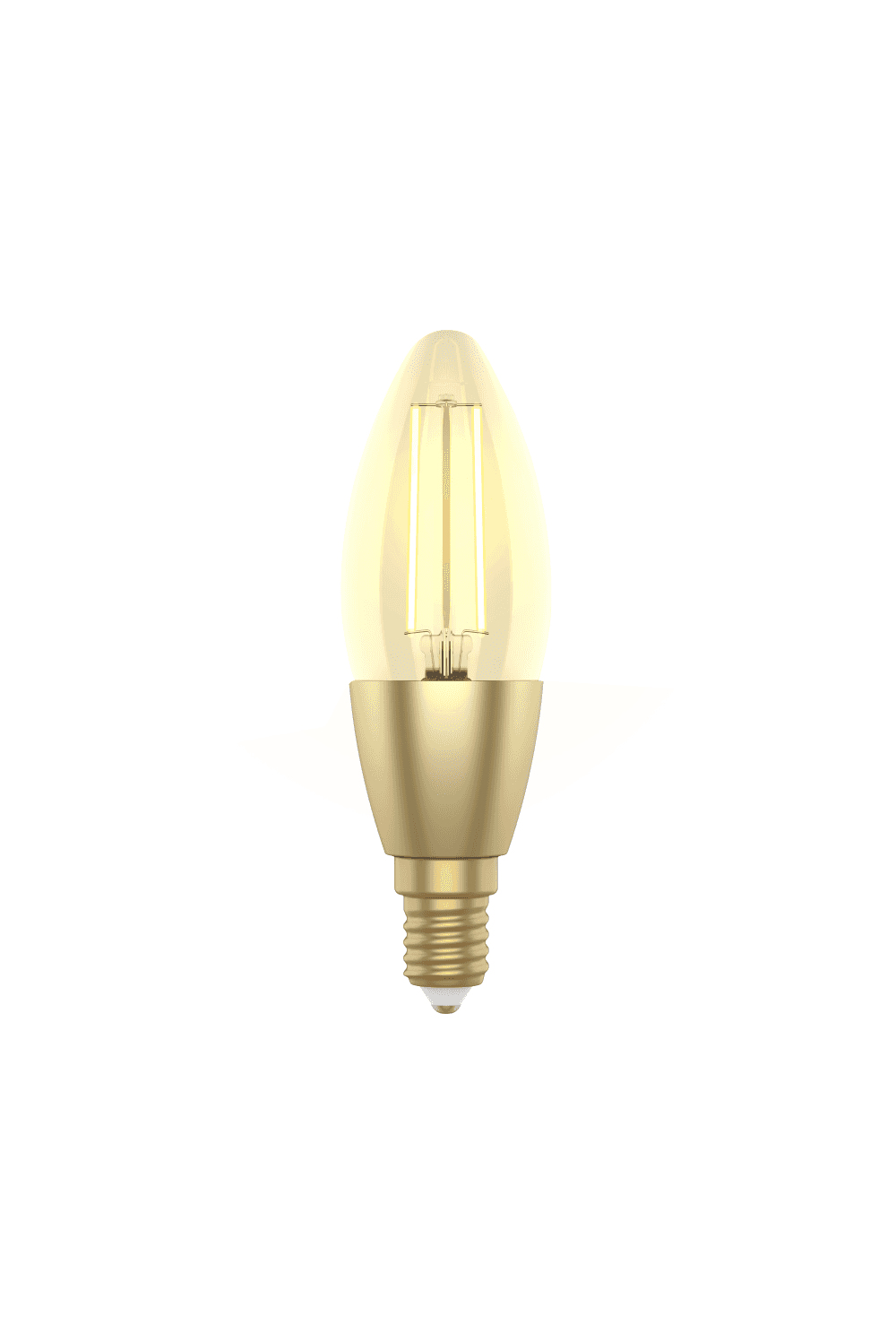Una lampadina a candela a filamento LED intelligente con base dorata, su sfondo bianco.