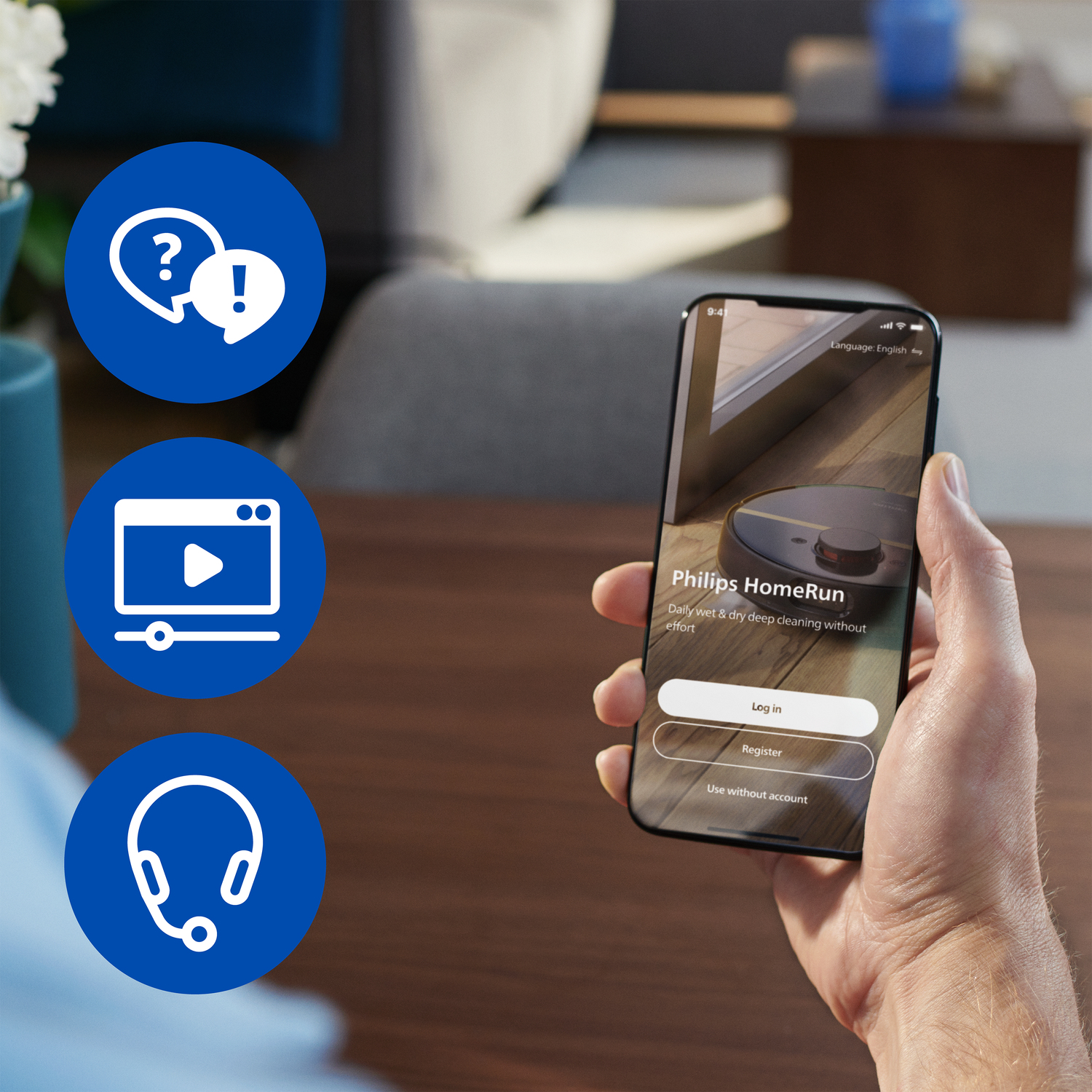 Ręka trzymająca smartfon pokazujący interfejs aplikacji Philips HomeRun. Aplikacja ma ikony.