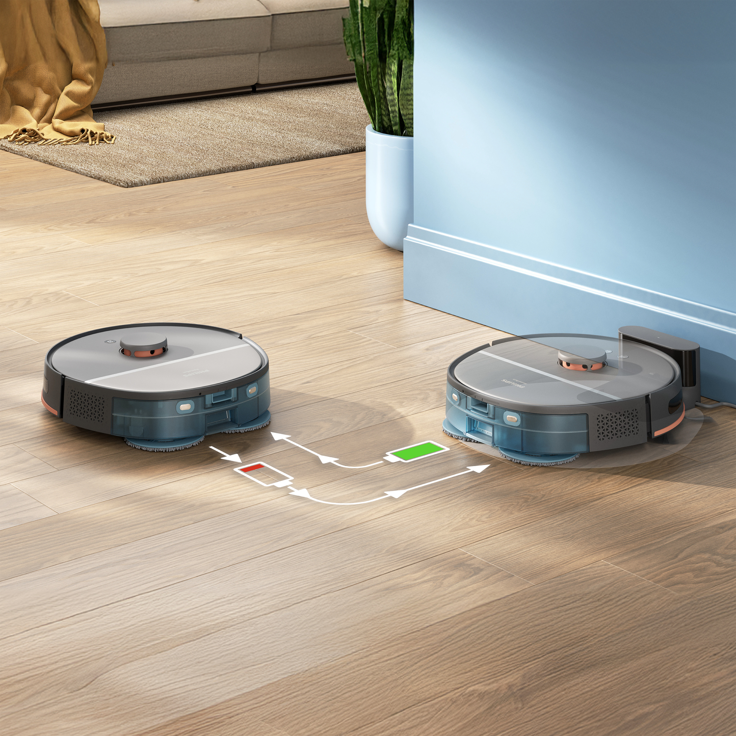 Due aspirapolvere robot Philips, uno che carica l'altro, su pavimento in legno.