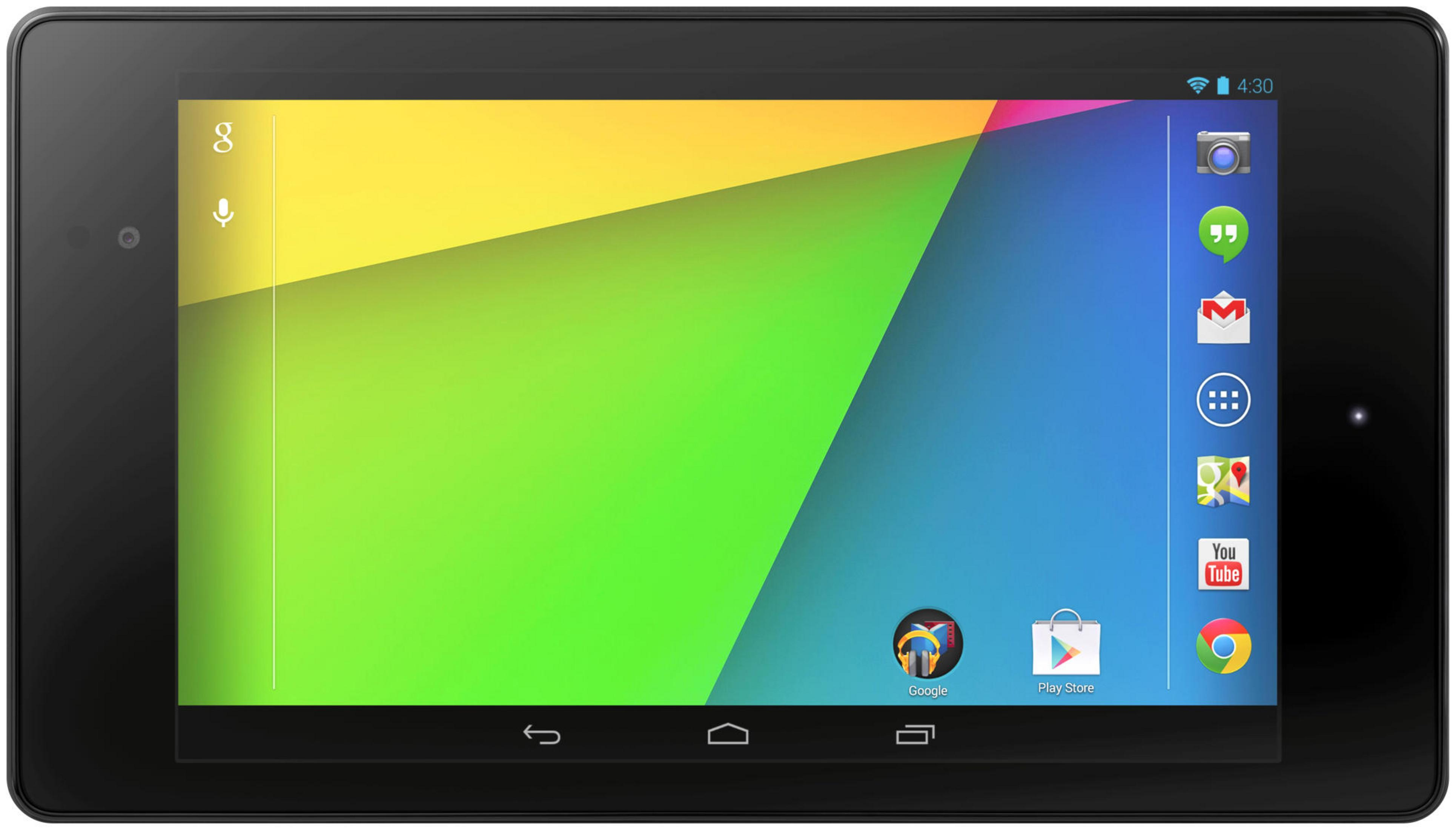 Schwarzes Tablet mit farbenfroher Oberfläche, zeigt App-Symbole und Google-Suchleiste.