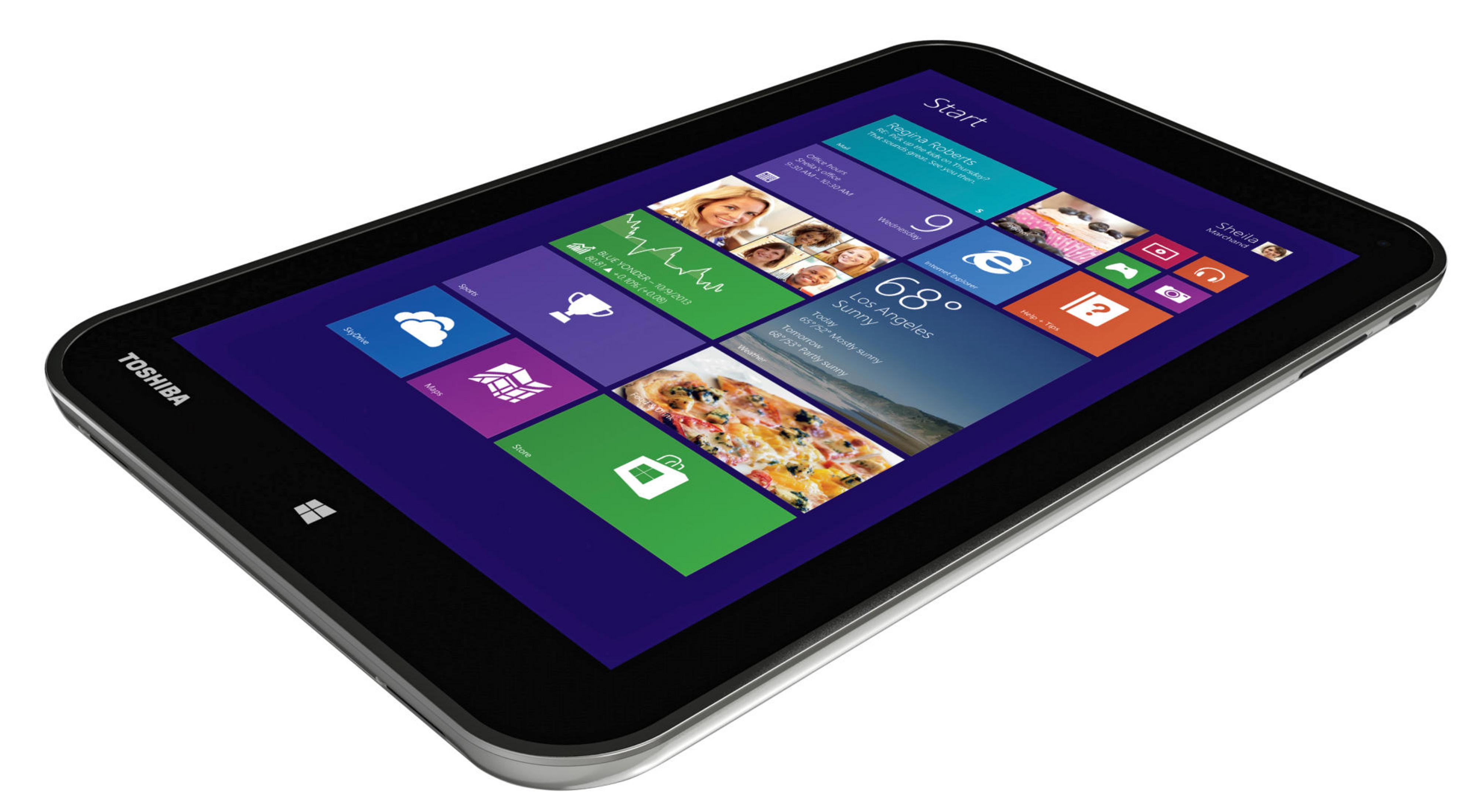 Toshiba Tablet mit Windows-Startbildschirm. Weißer Rahmen und schwarzes Display.
